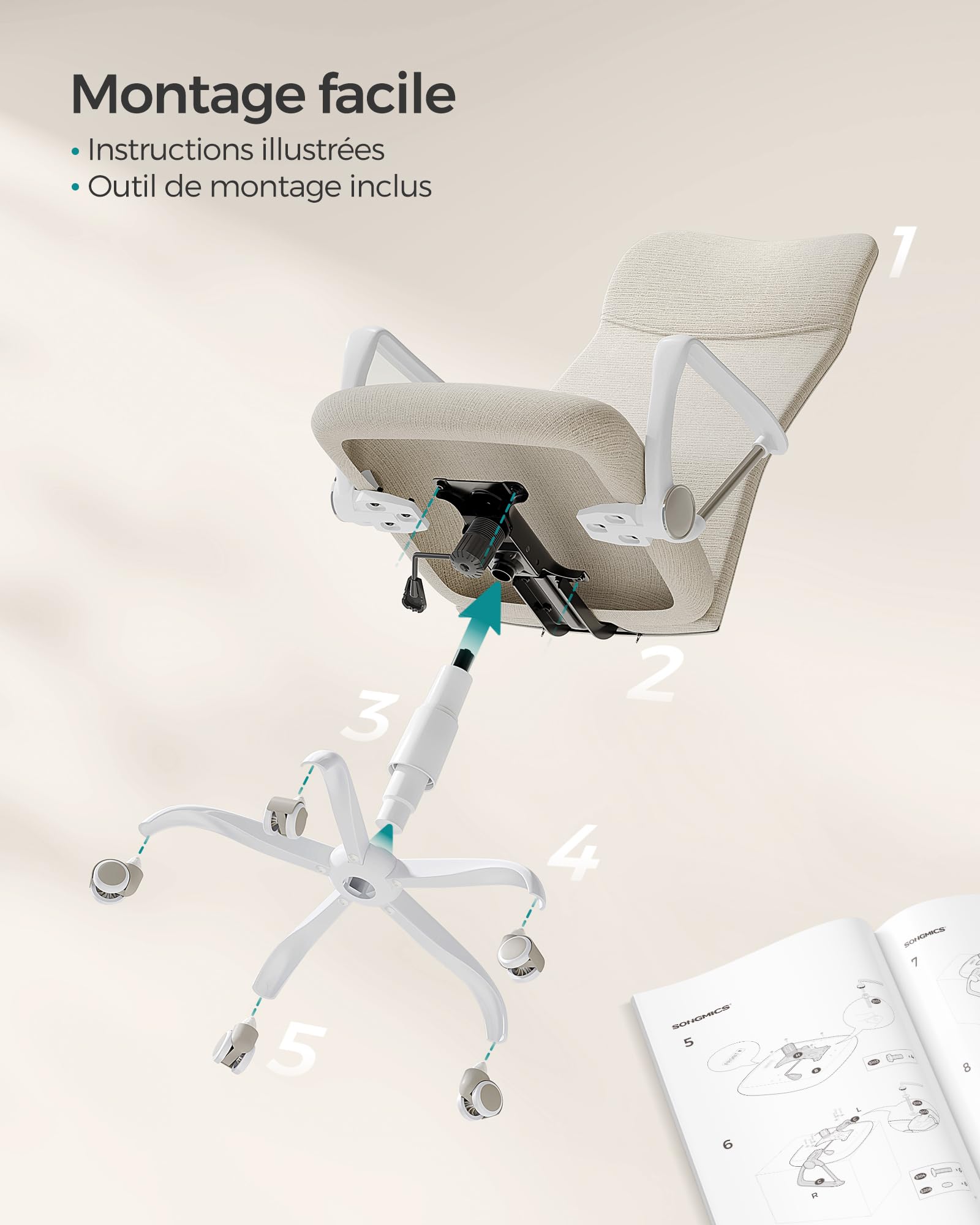 SONGMICS Fauteuil de Bureau, Chaise Ergonomique, Siège Pivotant, Assise Rembourrée, Réglable en Hauteur et Inclinable, Capacité de Charge 120 kg, Beige Cappuccino OBN034K01