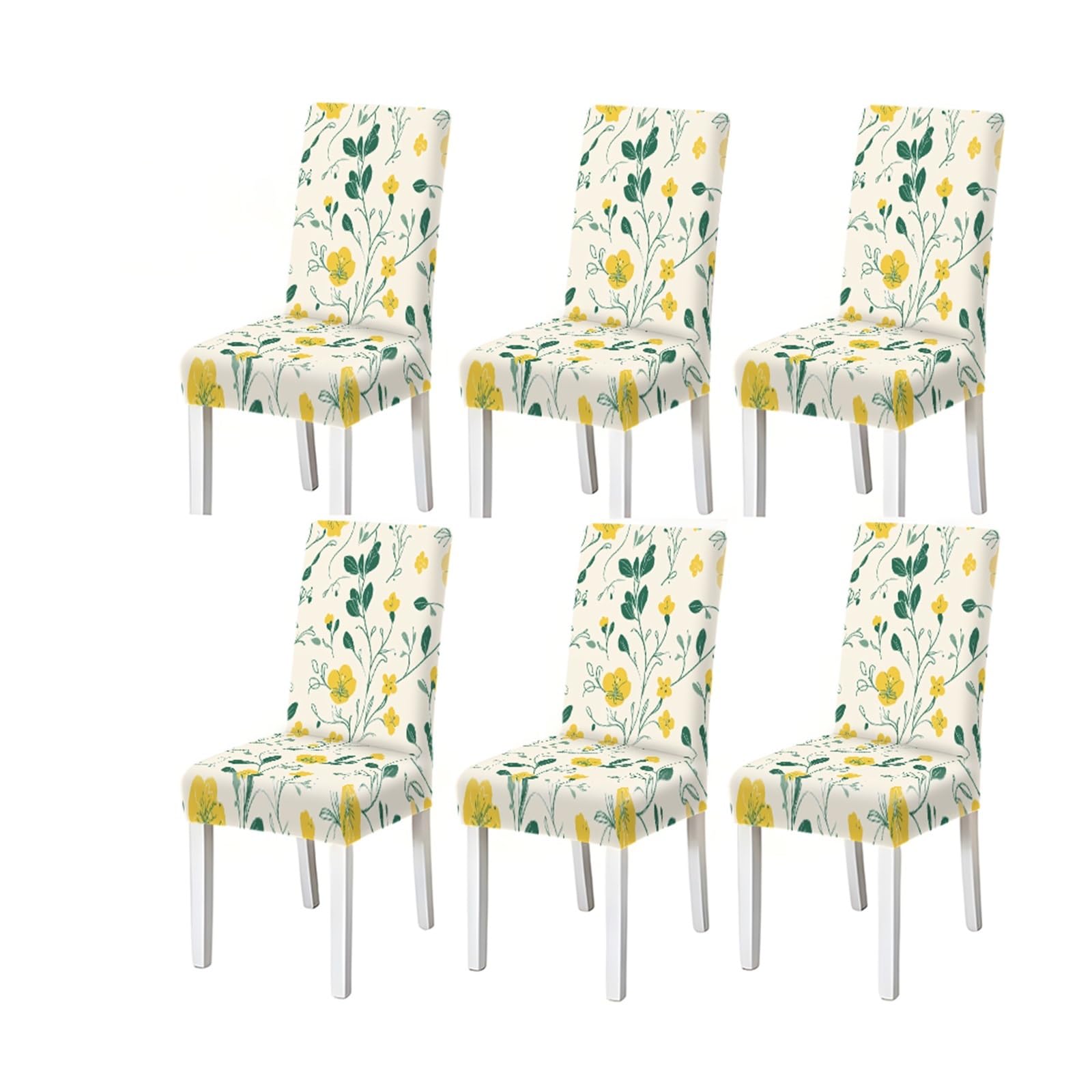 KXUAUV Beige Background Yellow Green Floral Pattern Print Dining Chair Covers Set Of 2/4/6, Stretch Slipcovers For Kitchen Dining Room Seat Protectors for Restaurant Hotel Party(6PCSChair cover)