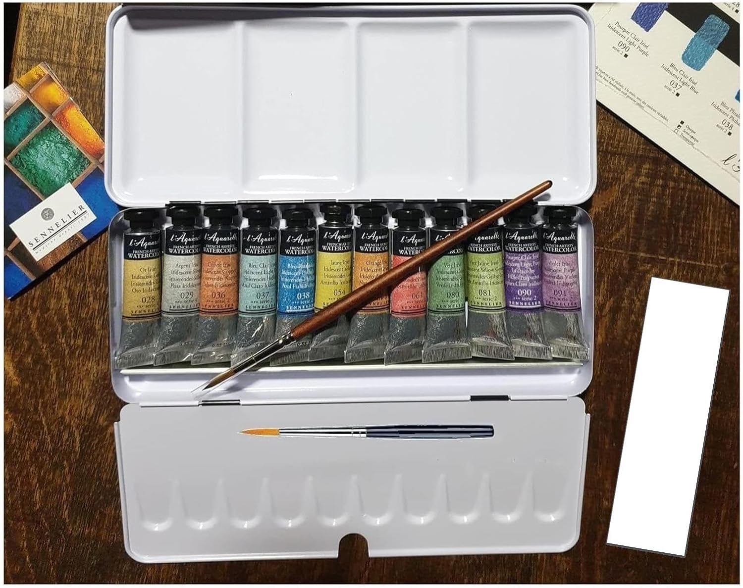Sennelier Aquarellfarben-Set, extrafines, irisierendes Fines, Metalldose, 12 Farben x 10 ml, mit 2 Pinsel