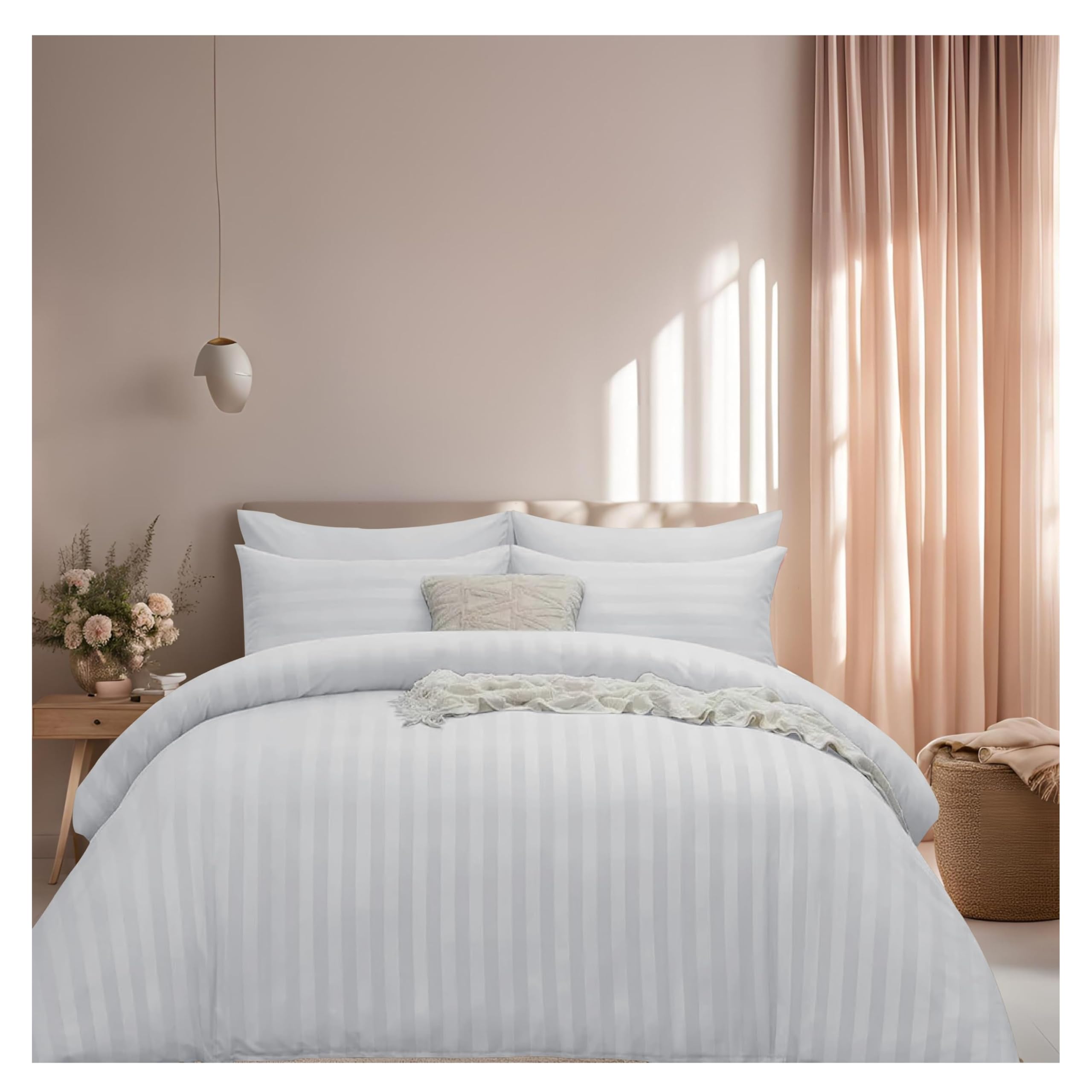 J.din White Single Satin Stripe Duvet Cover Bedding Set & Pillowcase,