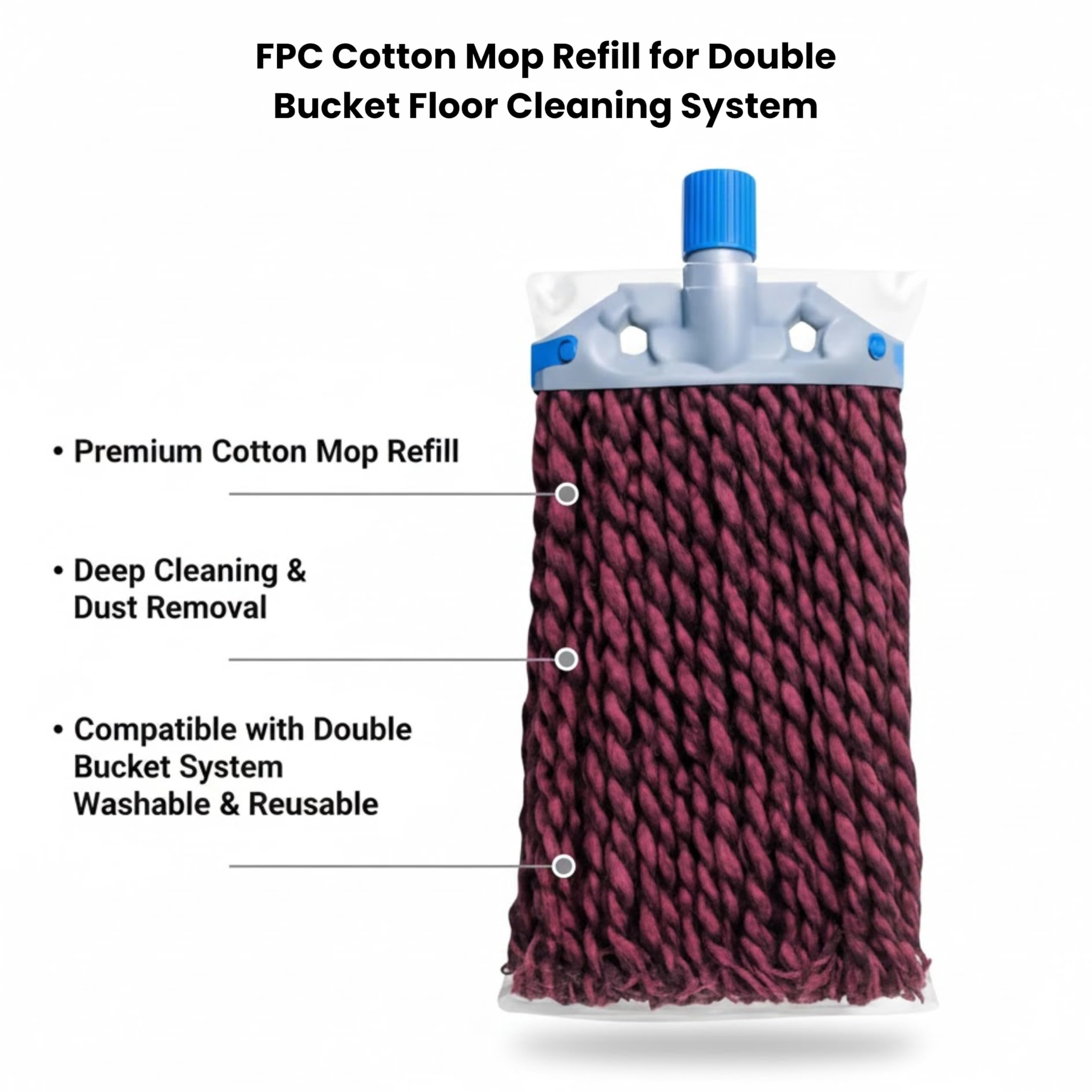FPC Cotton Double Bucket Mop Refill with Changeable Clip Lock | The Ultimate Floor Care Solution | Absorbs Water Quickly | Maroon & Black, Pack of 1 1