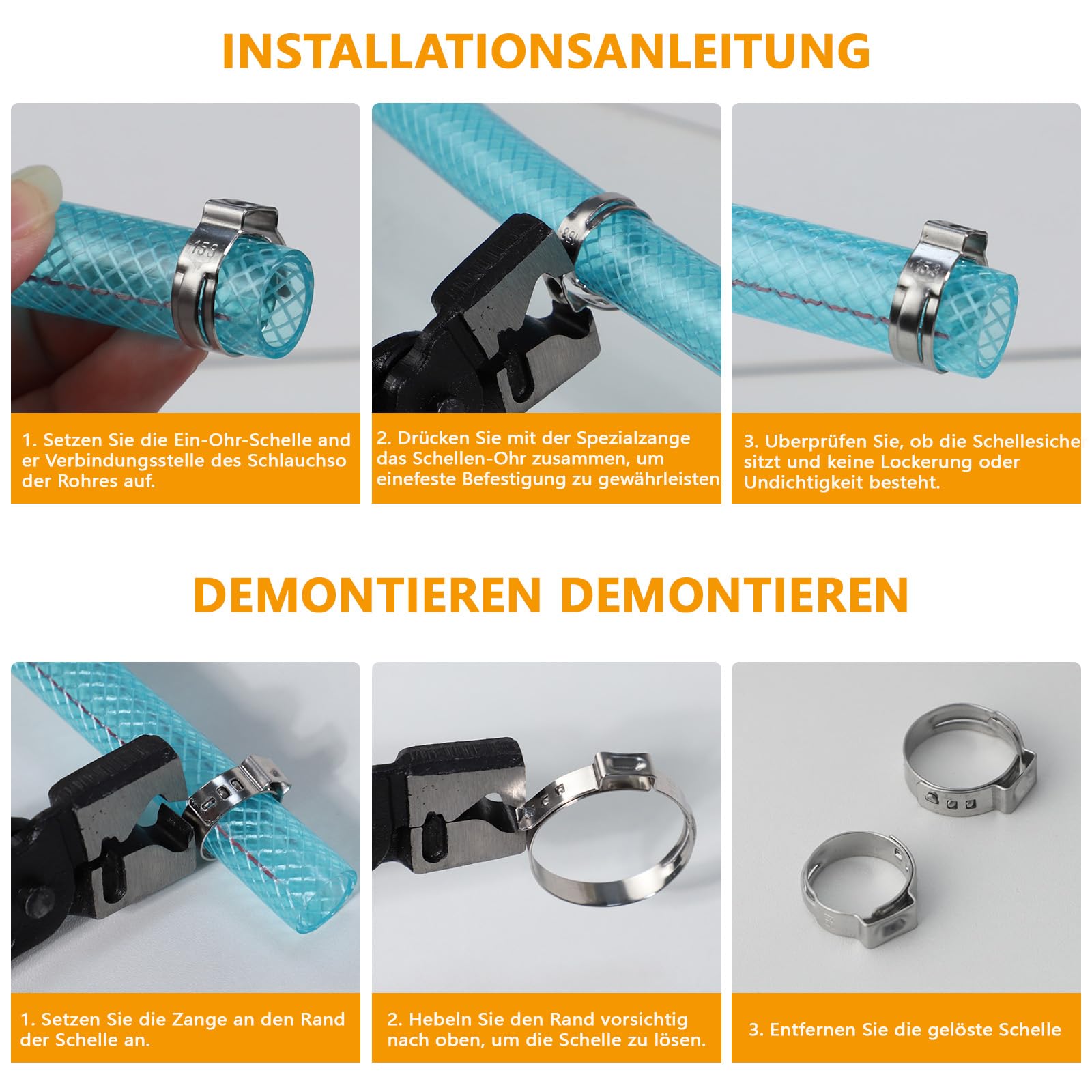 160PCS Einohr Schlauchschellen Set aus Edelstahl Schlauchklemmenzange – 14 Größen (5,3–33,1 mm) für Auto, Haushalt, Garten & Sanitär