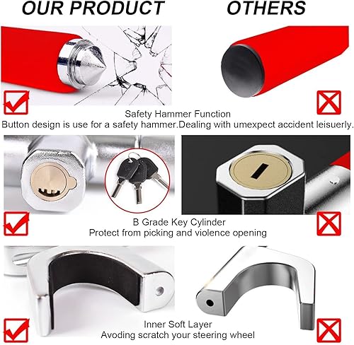 Miniatura 21 de Tevlaphee - Bloqueo de volante para coches, bloqueo de rueda, bloqueo antirrobo de vehículo, abrazadera de longitud ajustable, doble gancho, ajuste