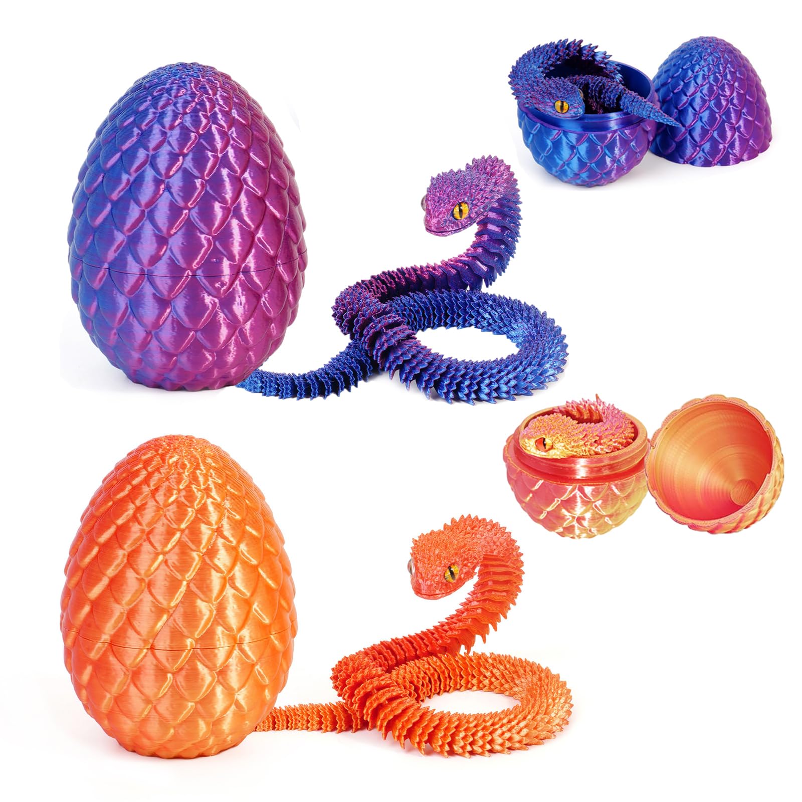3D Printed Snake in Egg Small – Flexible Articulated Snake Fidget Toys for Home and Office Executive Desks Décor (Purple & Red)