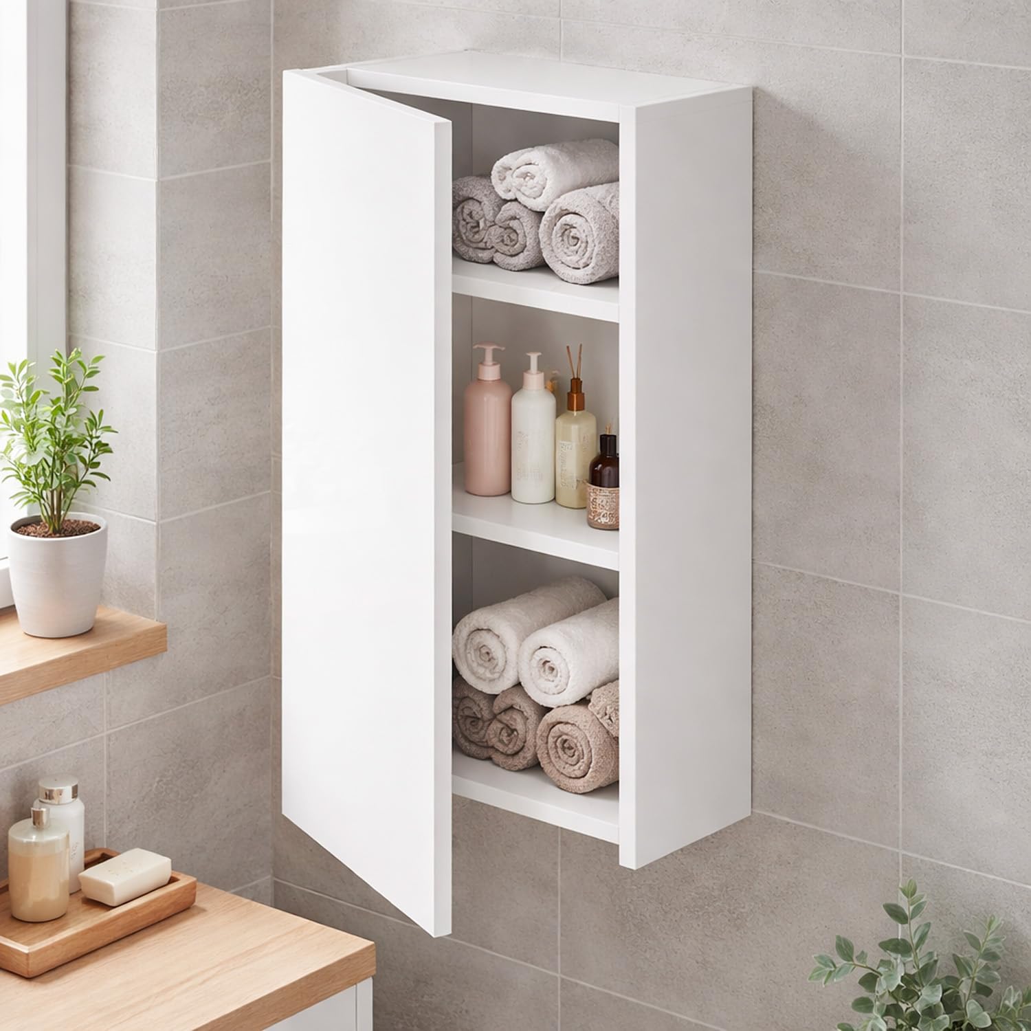 Arreditaly Pensile Bagno Sospeso Con Anta Reversibile E 2 Ripiani Regolabili Mobile Salvaspazio Da Parete In Melaminico Per Bagni Moderni E Piccoli Spazi 60 x 30 x 16 Cm Bianco