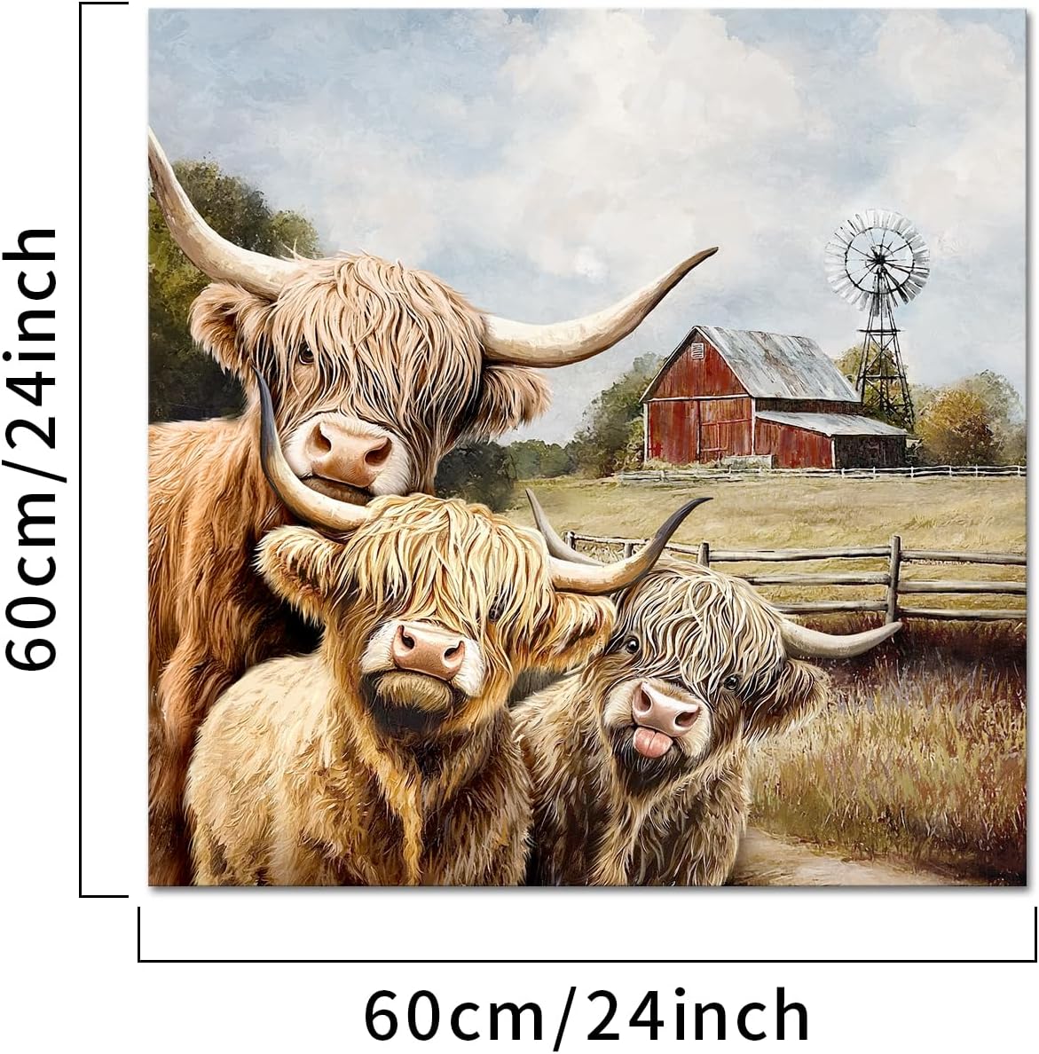 Visual Art Decor Highland Cow Decor Cow Painting Picture Rustic Farmhouse Barn Windmill Wall Art Prints, 24x24inch Framed Ready to Hang