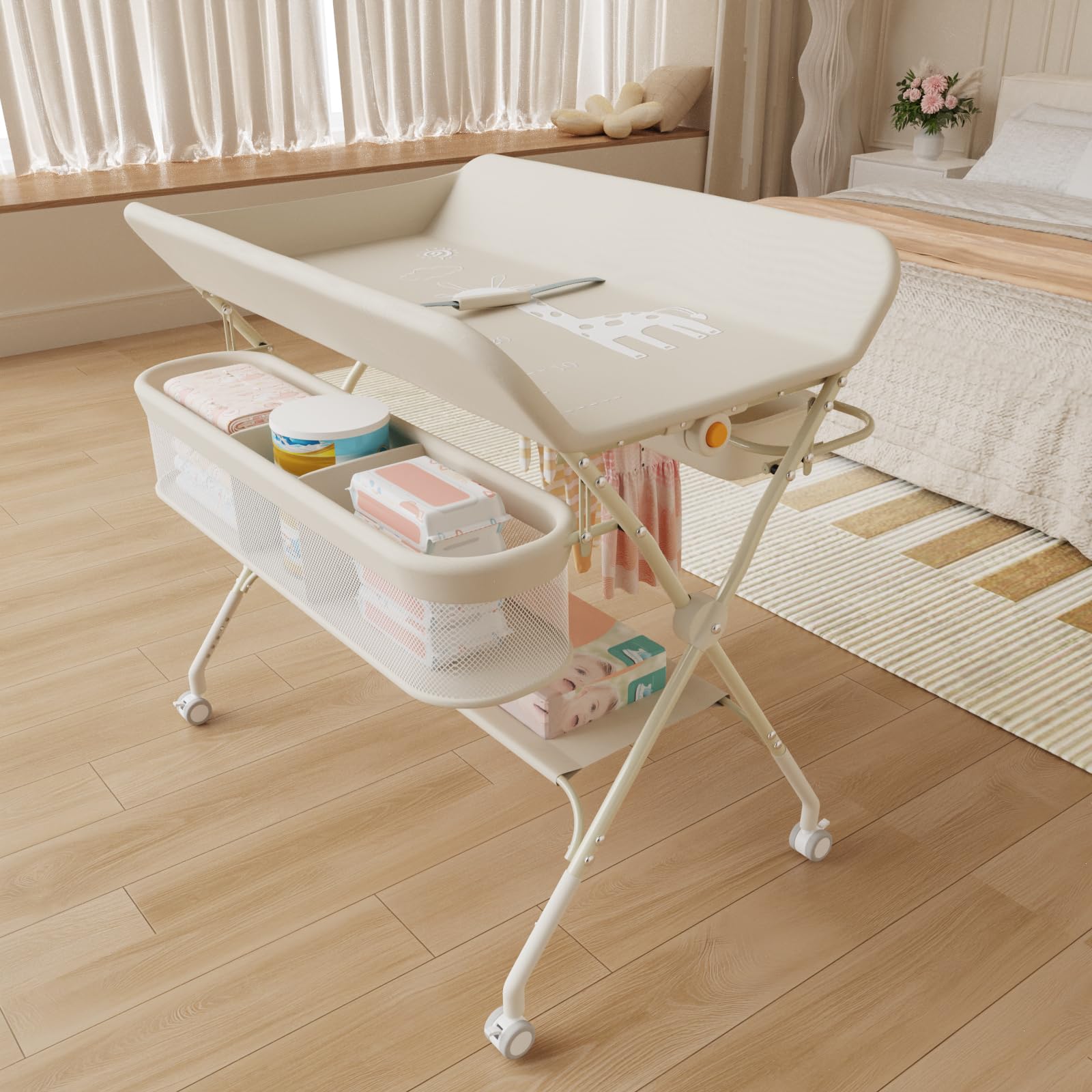 OHMG klappbare Wickelkommode Wickeltisch, Baby Wickelkombi, mit Wickelauflage Sicherheitsgurt und Ablagefächern, platzsparend stabil,mobiler wickeltisch,Baby Changing Table (A-Milchweiß)