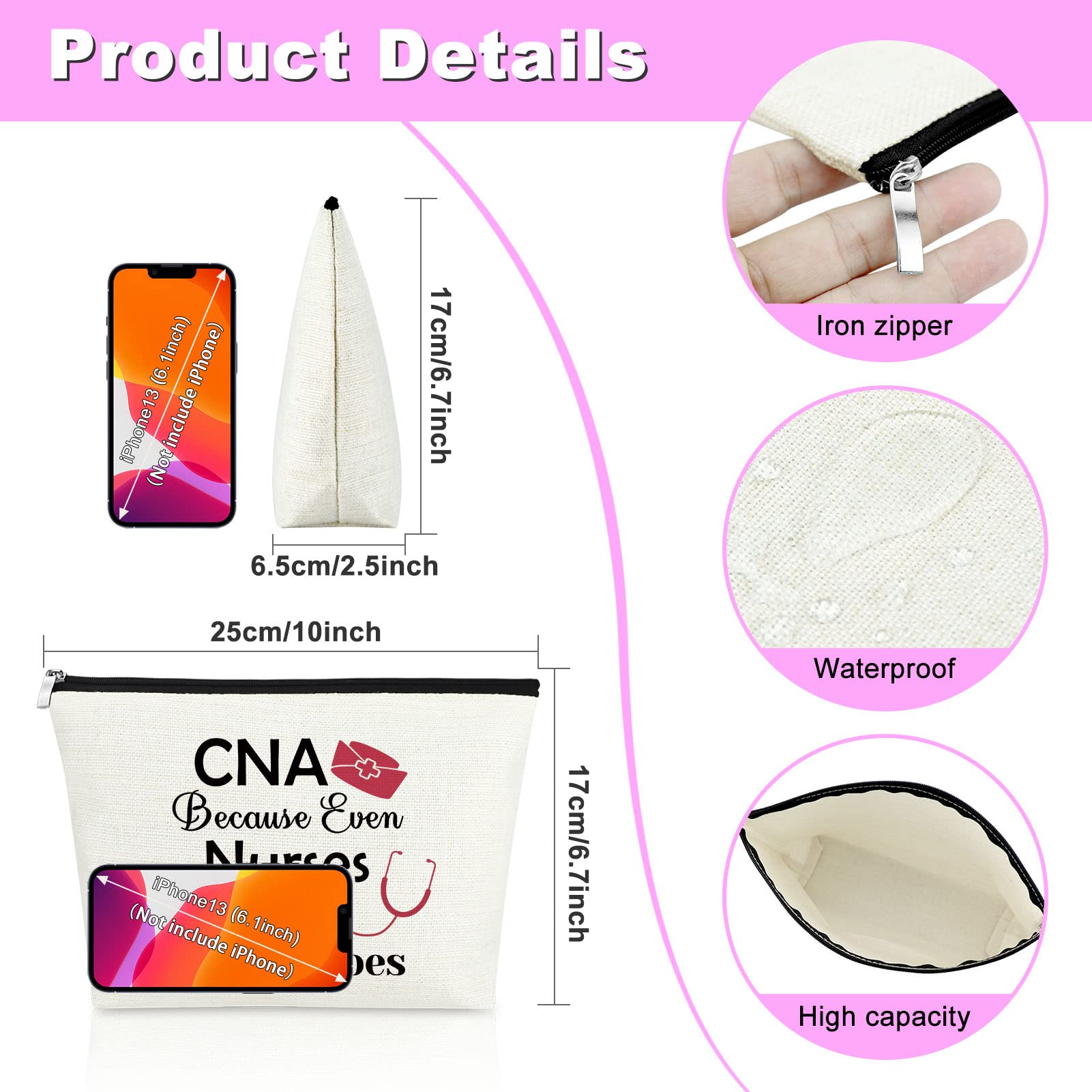 3PCS CNA Gift Certified Nursing Assistant Gifts Makeup Cosmetic Bag CNA Week Gifts Medical Student Appreciation Gift for Women Thank You Present Retirement Birthday Present Travel Makeup Pouch