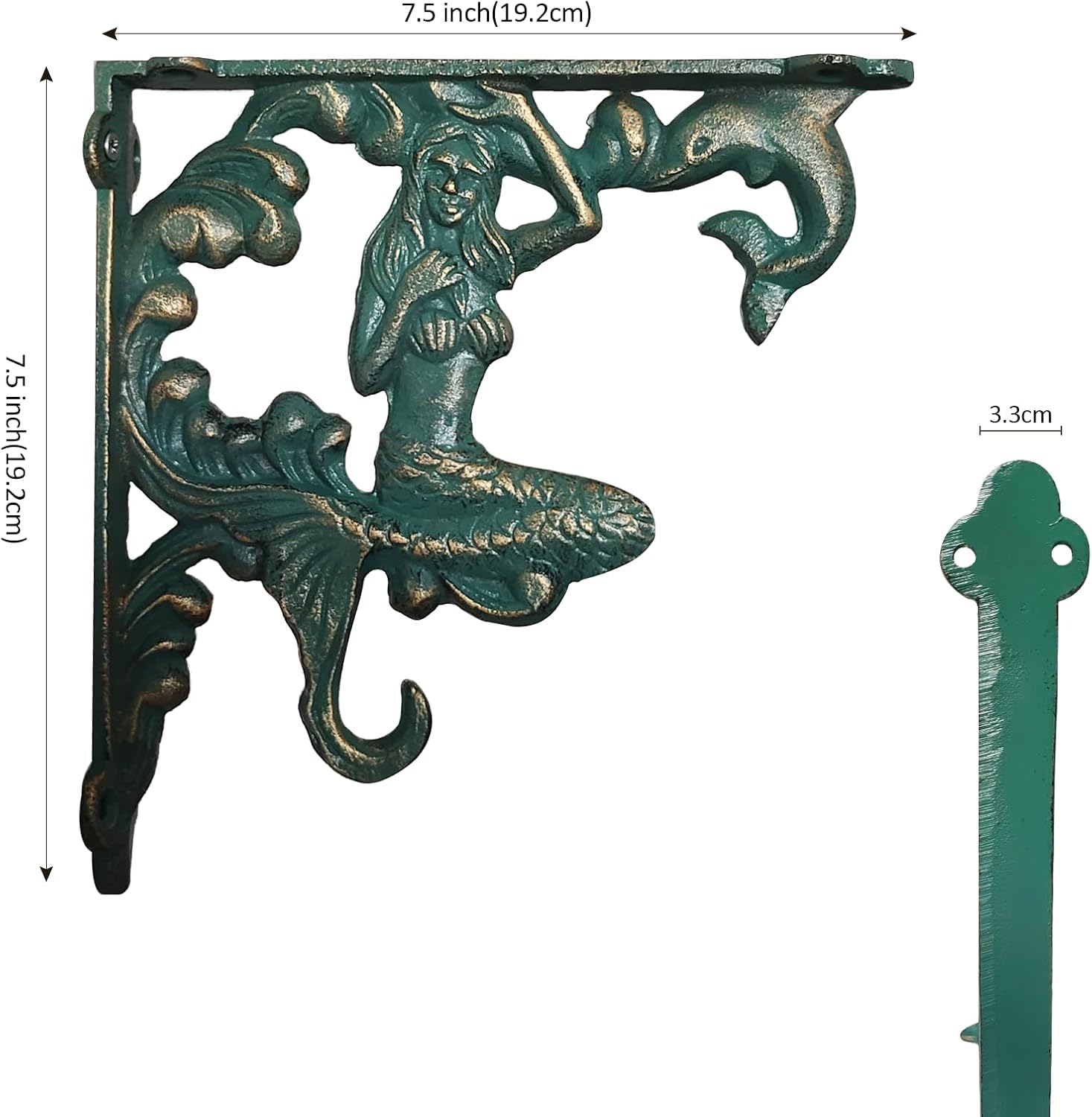 2pcs Rustic Cast Iron Mermaid Shelf Brackets Nautical Wrought Iron Wall Mount Shelf Bracket（Color-Gold/Green）