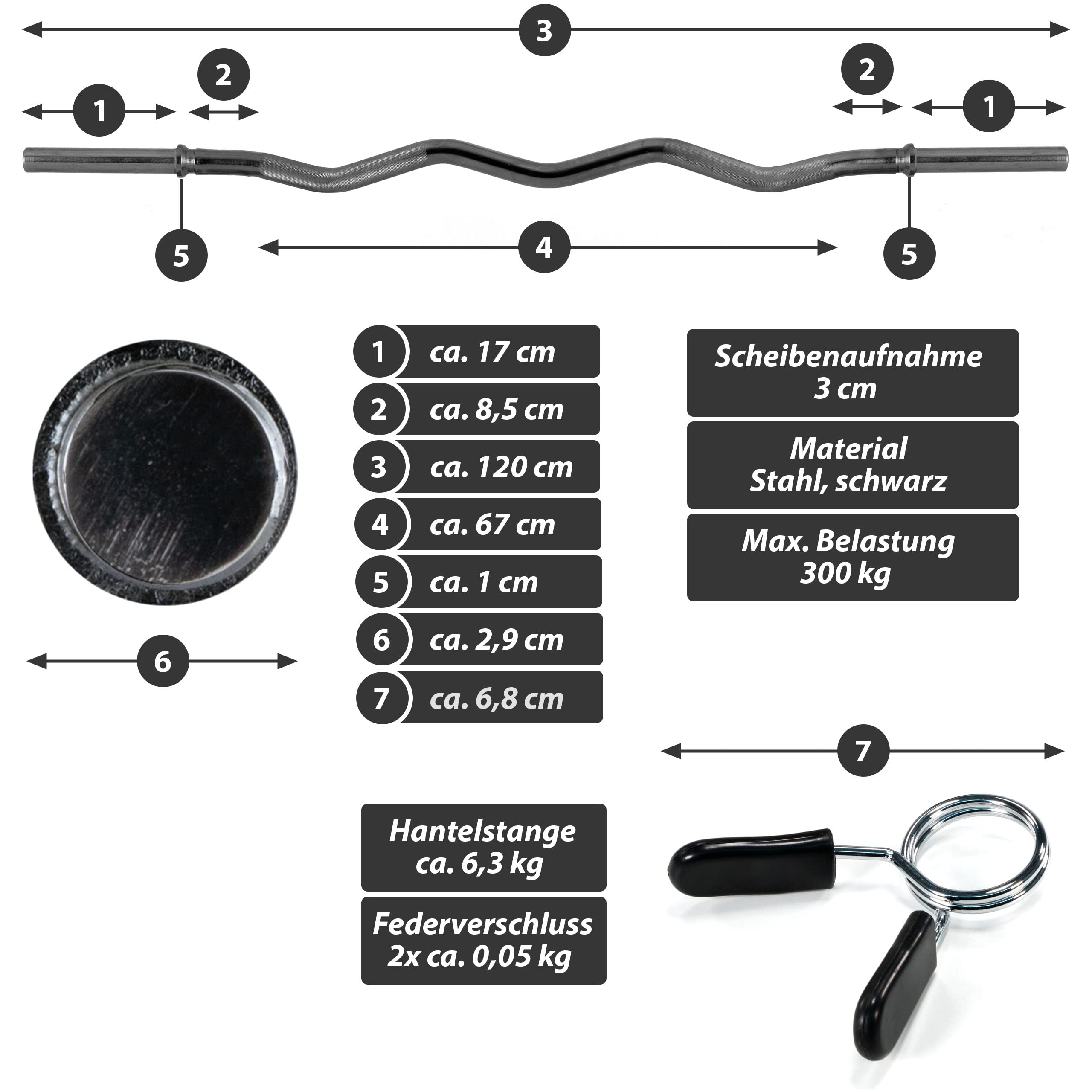 Curlstange 120 cm Krafttraining Zugstange schwarz Federverschluss Workout Bodybuilding Fitness-Zubehör Gewichtheben