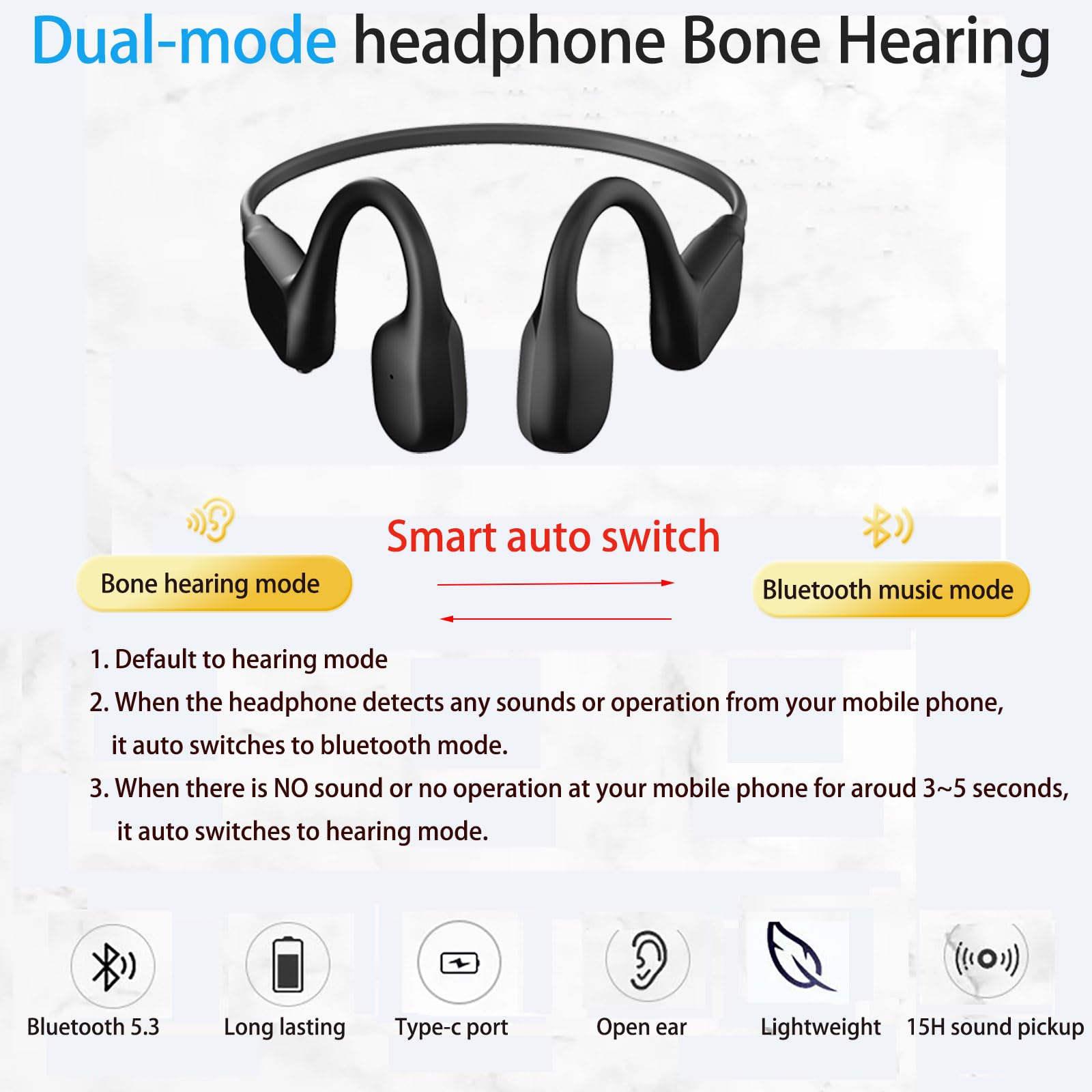 Auriculares auditivos de conducción ósea, auriculares Bluetooth de oreja abierta con colector de sonido para conversaciones, 15 horas de tiempo de trabajo para uso diario
