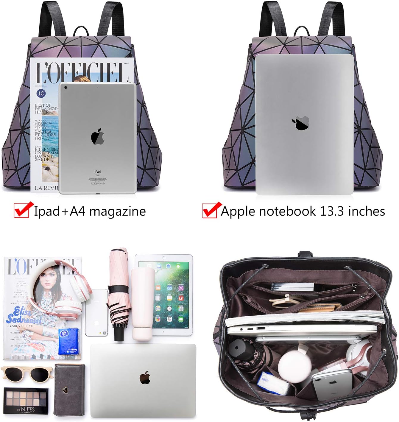 Geometric Luminous Purses and Handbags for Women Holographic Reflective Bag Backpack Wallet Clutch Set Backpack + Crossbody Bag + Wallet