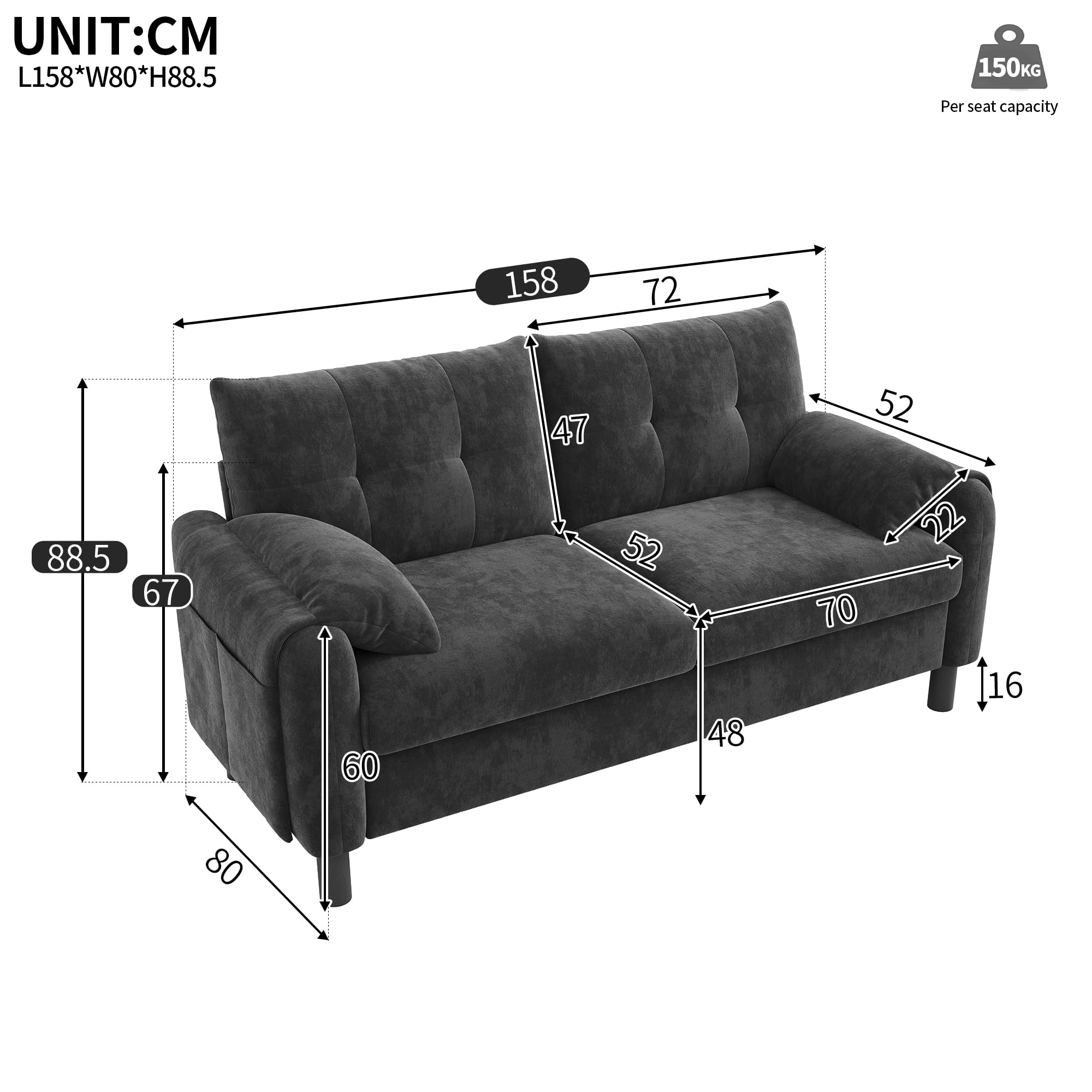 Lcoho Sofá moderno de 2 plazas, cómodo sofá tapizado de tela de chenilla con cojines gruesos, sofá acogedor para salón, dormitorio, apartamento pequeño, muebles tapizados en diseño escandinavo (gris)