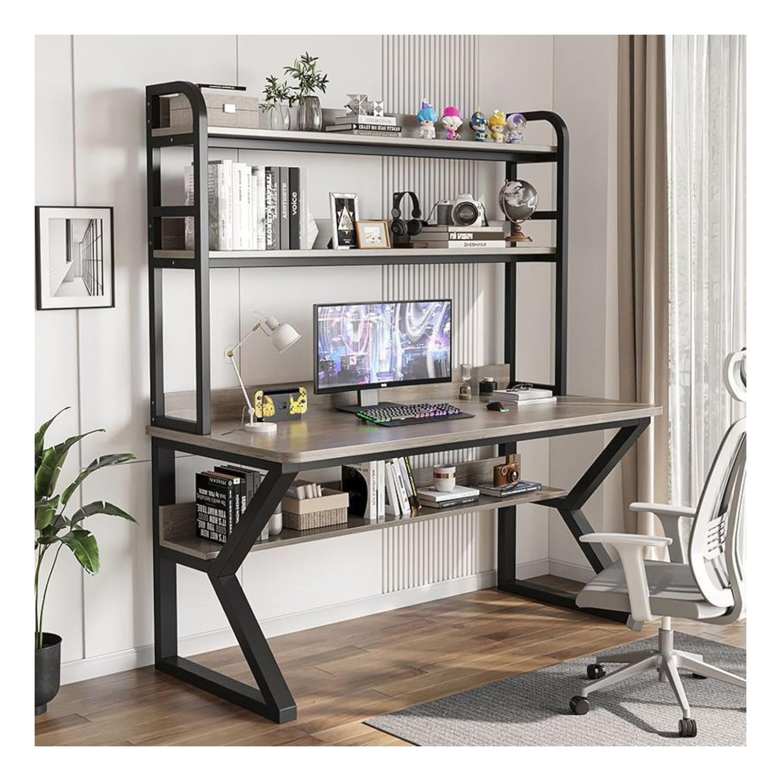 Wdsopk Gray+Black Computer Desk Home Office Desk Computer Desk With Hutch And Bookshelf, Pc Study Writing Desk,Bookshelf Workstation For Study Play Work Bedroom Home Office（-47Inch）