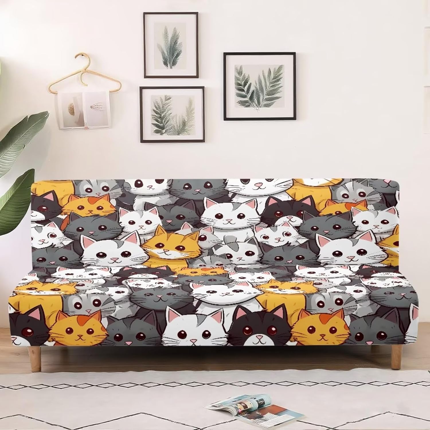Futon Cover Elastic Soft Armless Futon Slipcover Decorative Spandex Fitted Furniture Protector for 3 Seater Full Size Folding Sofa Bed, Cartoon Cat Print