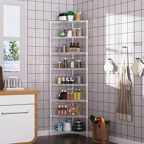 Miniatura 7 de Estantería esquinera de alambre resistente de 8 niveles, certificado NSF, estante de almacenamiento de metal ajustable, capacidad de 400 libras,