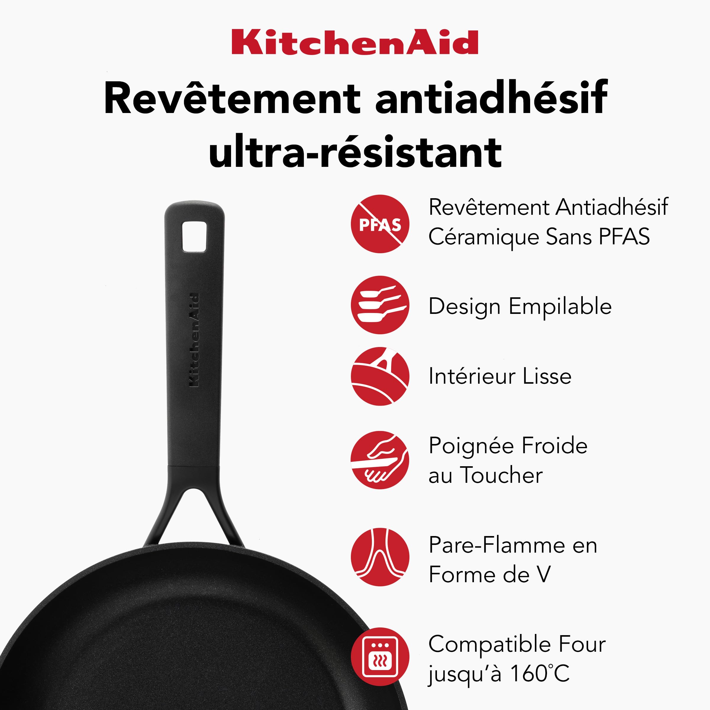 KitchenAid Poêle à Frire 30 cm - Aluminium Forgé Anodisé Dur, Revêtement Céramique Antiadhésif Sans PFAS, Compatible Induction, Four et Lave-Vaisselle, Noir
