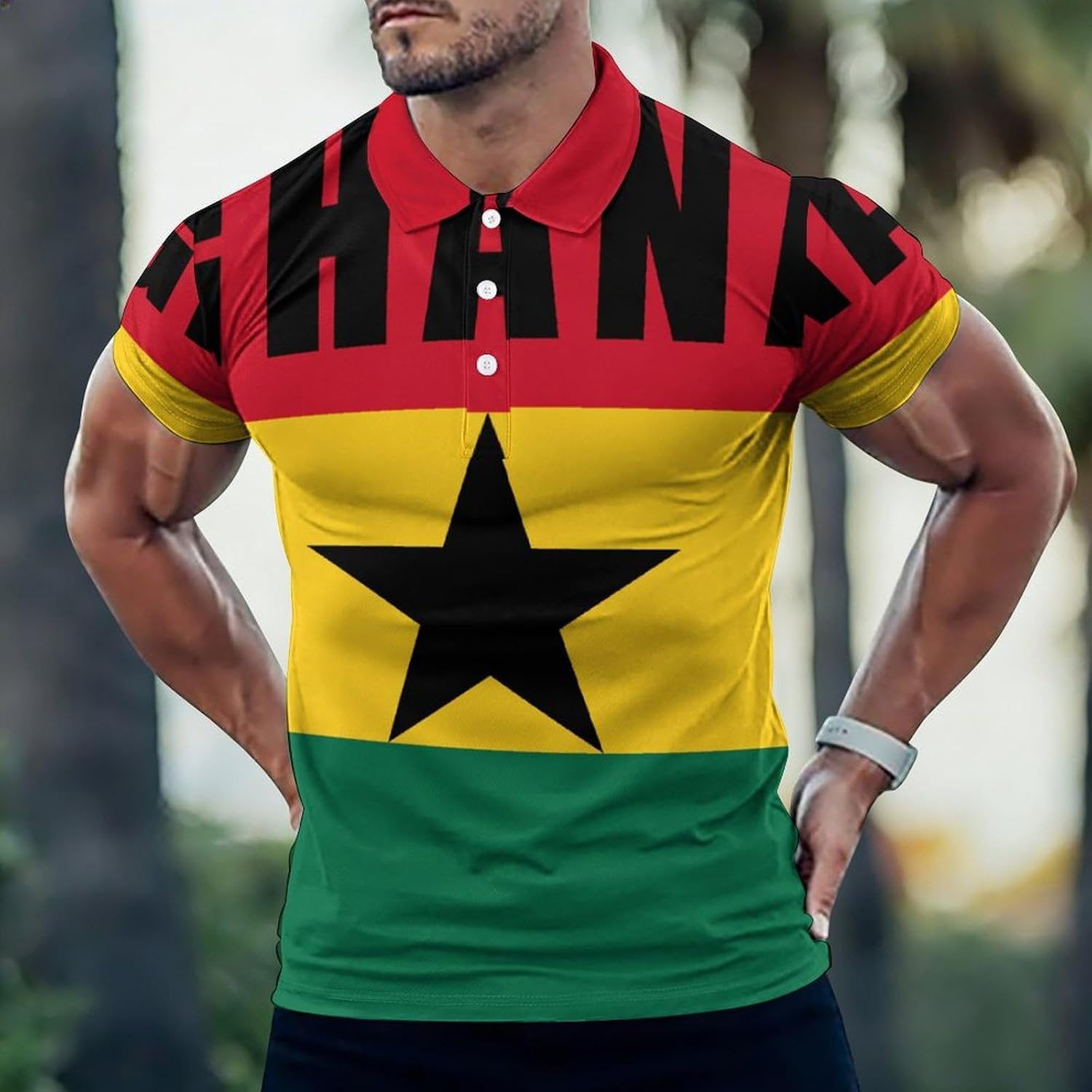 Flag of Ghana Men's Polo Golf Shirts Collared T-Shirt | short sleeve,three button,quick dry,machine washable,summer tee top
