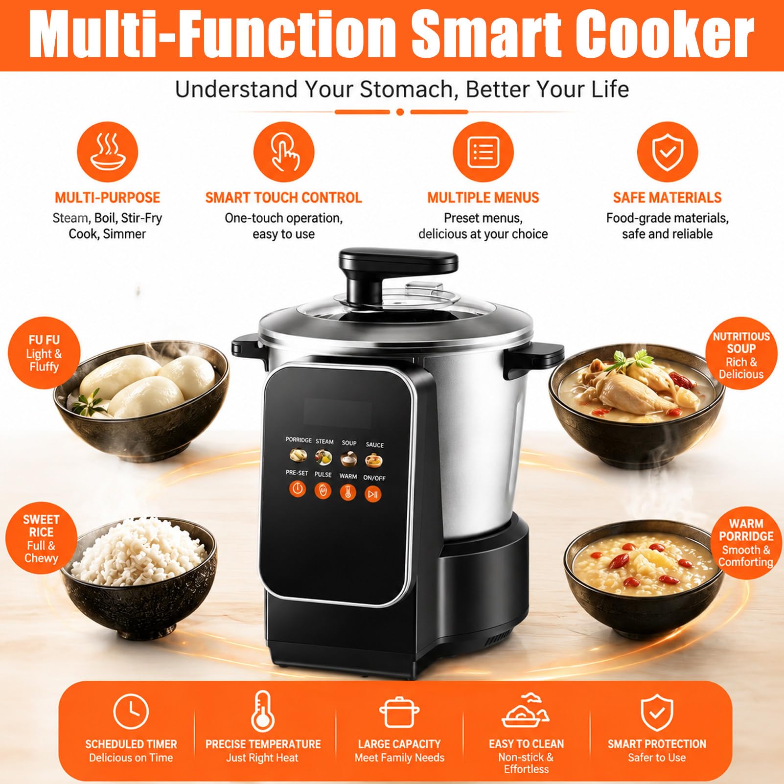 Robot de Cocina automático de 8 L con Revestimiento Antiadherente: Ideal para Preparar *nshima* (Masa de harina), arroz, sopas, Mezclas, Carne picada y Salsas.
