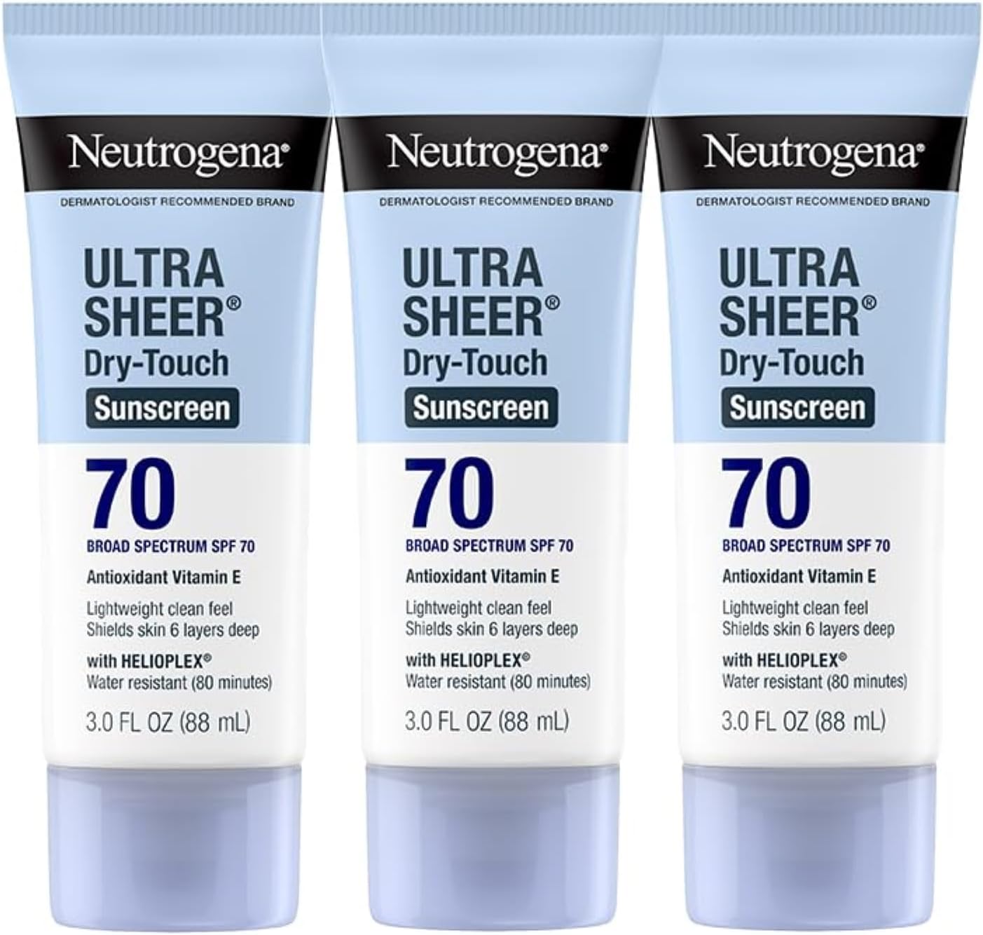 Ultra Sheer Dry-Touch Sunscreen For Face & Body, SPF 70 Broad Spectrum UVA/UVB Protection, Lightweight Water Resistant & Non-Greasy, Travel Size Sunscreen, 3 fl. oz (Pack of 3)
