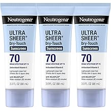 Protector solar ultra transparente para tacto seco Neutrogena para rostro y cuerpo, protecci&oacute;n UVA/UVB de amplio espectro SPF 70, resistente al agua liviano y no grasoso, protector solar de viaje, 3 fl. oz (paquete de 3)