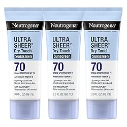Neutrogena Ultra Sheer Dry-Touch Sunscreen For Face & Body, SPF 70 Broad Spectrum UVA/UVB Protection, Lightweight Water Resistant & Non-Greasy, Travel Size Sunscreen, 3 fl. oz (Pack of 3)