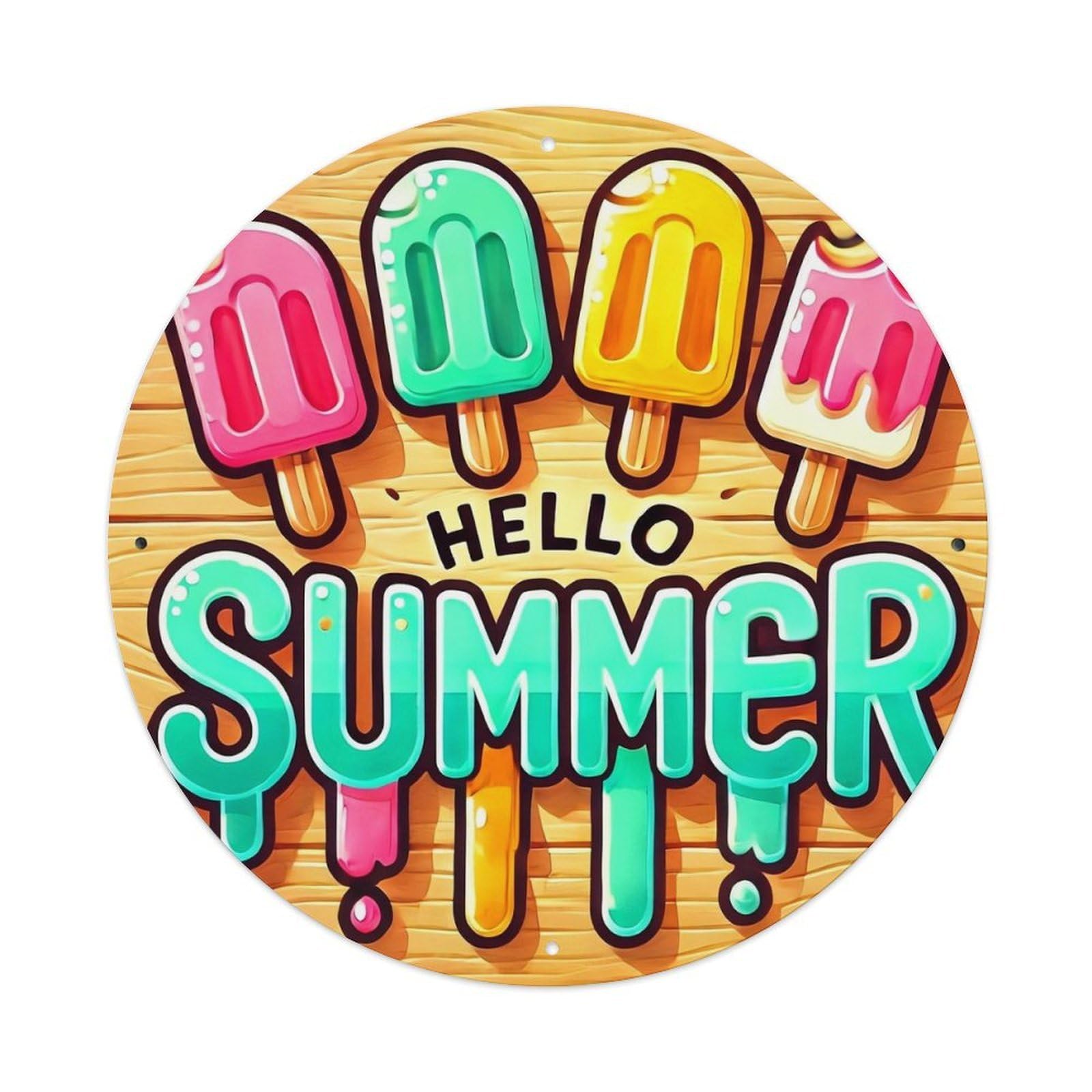 Hello Summer Popsicle Pattern Print Tin Sign Metal Poster Vintage Metal Signs for Home Man Cave Bar Cafe Kitchen laundry room Wall Decorations 8x8 inches
