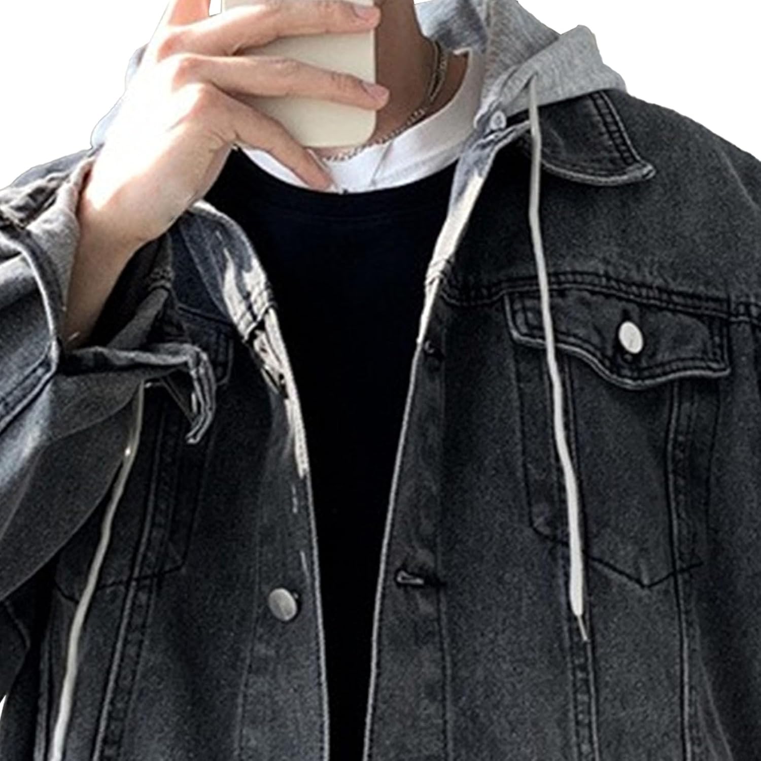 Men's Two Fake Hoodies Denim Jackets Single Breasted Hooded Cowboys Coat Long Sleeve Hoodie Outwear with Pockets