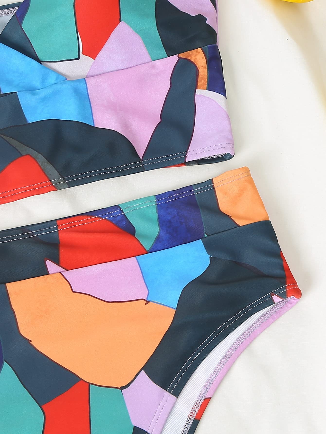 Bikini z wysokim stanem Geometria Drukuj Push Up Wycięty Strój Kąpielowy Kobiety Kąpiące Strój Kąpielowy Potargane Stroje Kąpielowe Kostiumy Kąpielowe Biquini (Kolor: Wielobarwny, Rozmiar: Średni kod) (Wielokolorowy)