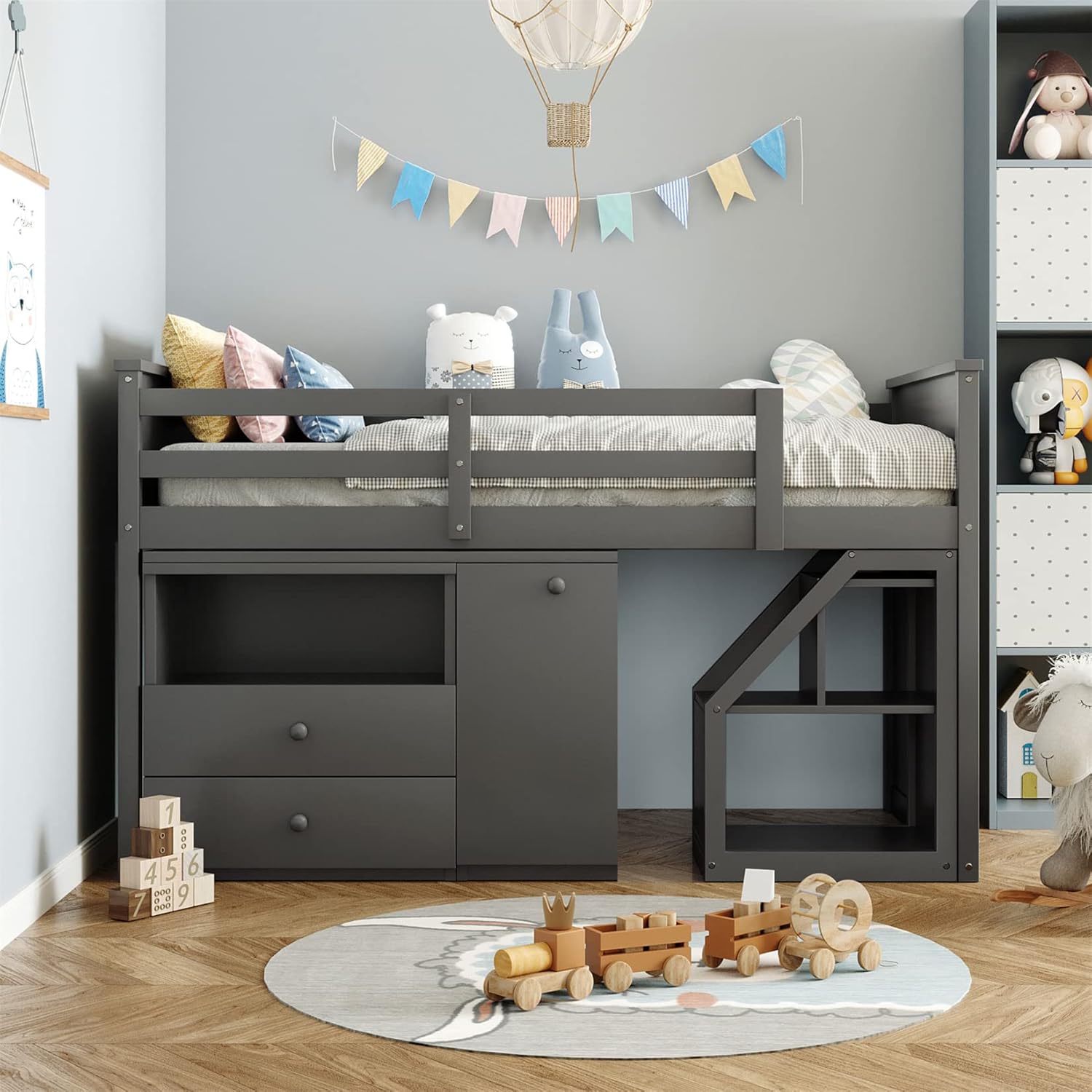 Suреr Sаlе 🛒 Low Loft Bed with Desk and Storage Drawers Twin Loft Bed Frame with Moveable Desk and Step Wood Captain Beds for Kids Girls Boys Teens, Gray Lіmіtеd Dіѕсоunt Low Loft Bed with Desk and Storage Drawers Twin Loft Bed Frame with Moveable Desk and Step Wood Captain Beds for Kids Girls Boys Teens, Gray