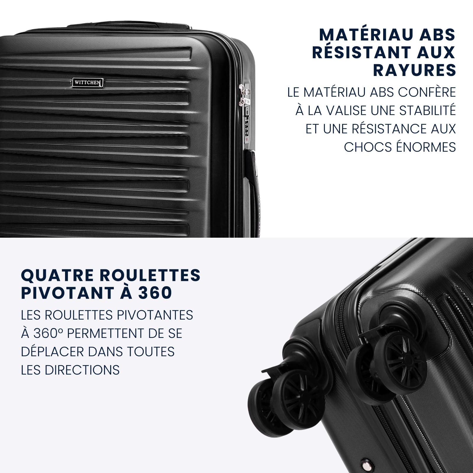 WITTCHEN Skyspeed Line Bagages Grande Valise Valise Rigide ABS Grande Valise à roulettes Trolley Check-in Bagages Serrure combinée Poignée télescopique 4 roulettes Noir Air France/Easyjet/Ryanair