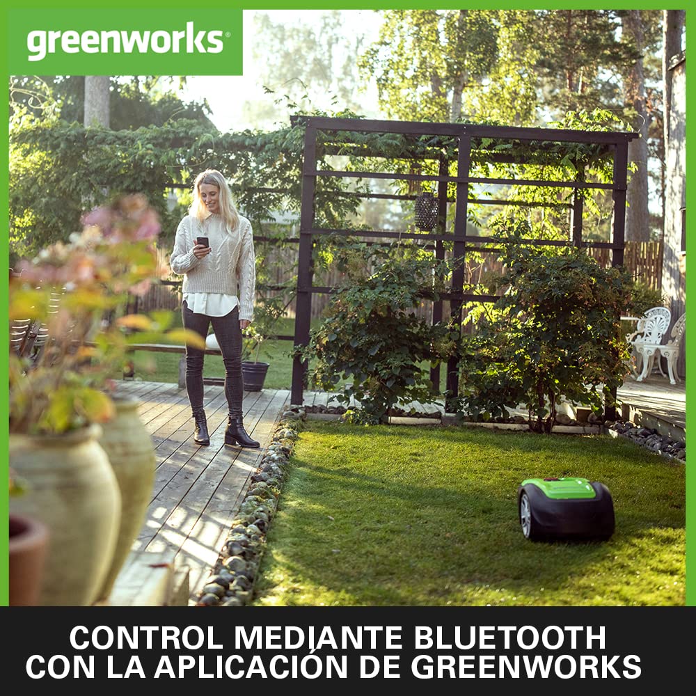 Greenworks Optimow M robot cortacésped para áreas hasta 500m2, pendiente 30%, muy silencioso, control bluetooth, características de seguridad avanzadas, protección robo, 3 años de garantía