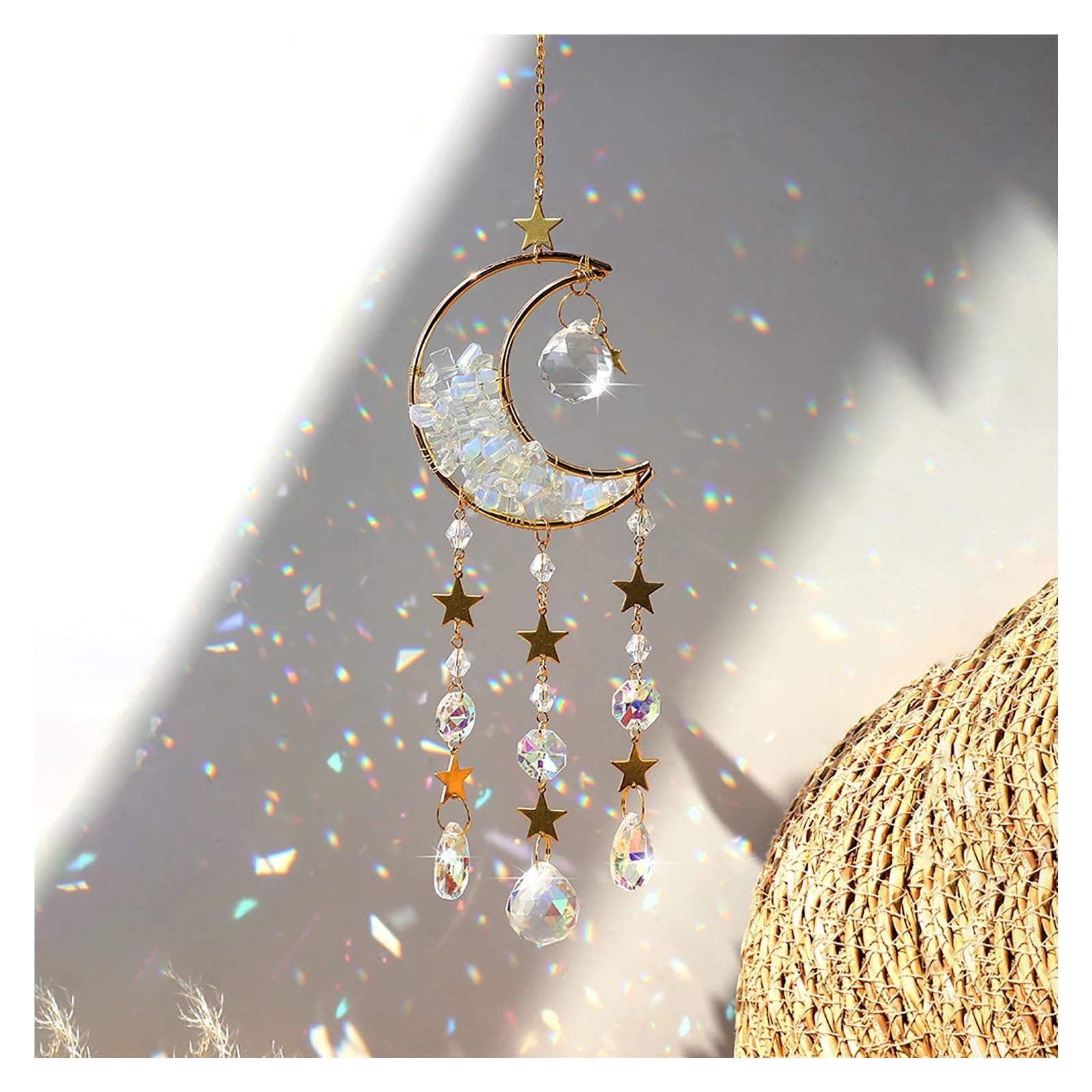 1 pièce Attrape-Soleil en Cristal Arc-en-Ciel, Pierre Brute, Lune, décoration d'intérieur for Jardin, Chambre à Coucher, Balcon, Pendentif(White)