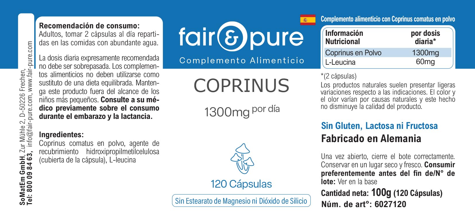 Fair & Pure Capsule di Coprinus 1300mg dose giornaliera, 120 pezzi, fungo coprinus, integratore alimentare vegano senza additivi, prodotto in Germania