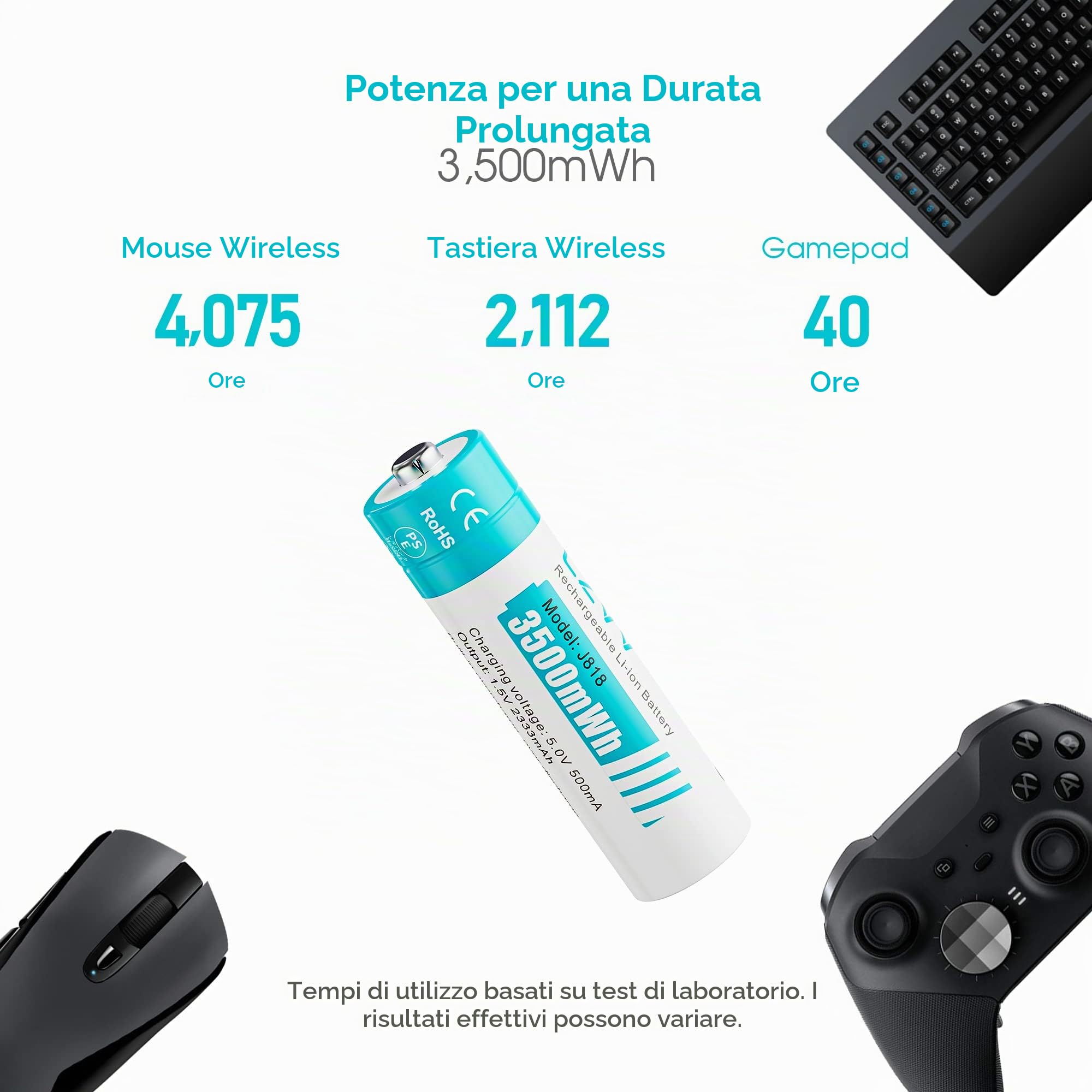 Batterie Ricaricabili AA Lithium 1,5V - Alta Capacità 3500mWh Pile 12 Pezzi con Caricatore 4 Slot Intelligente Caricabatterie Ricarica Rapida 2H, 1500 Cicli, Durata Ultra Lunga 10 Anni