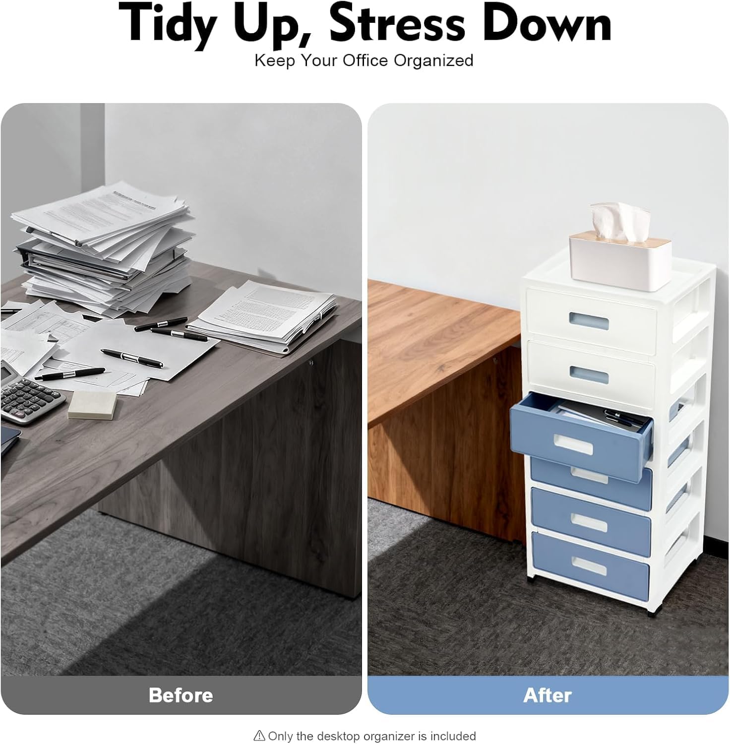 6-Tier Stackable Drawer Organizer - Plastic Office Storage Drawers with Wheels for Bedroom, Living Room, Study - Space-Saving Desktop Organizer, 6 Removable Drawers, 13.8x10x32.9''