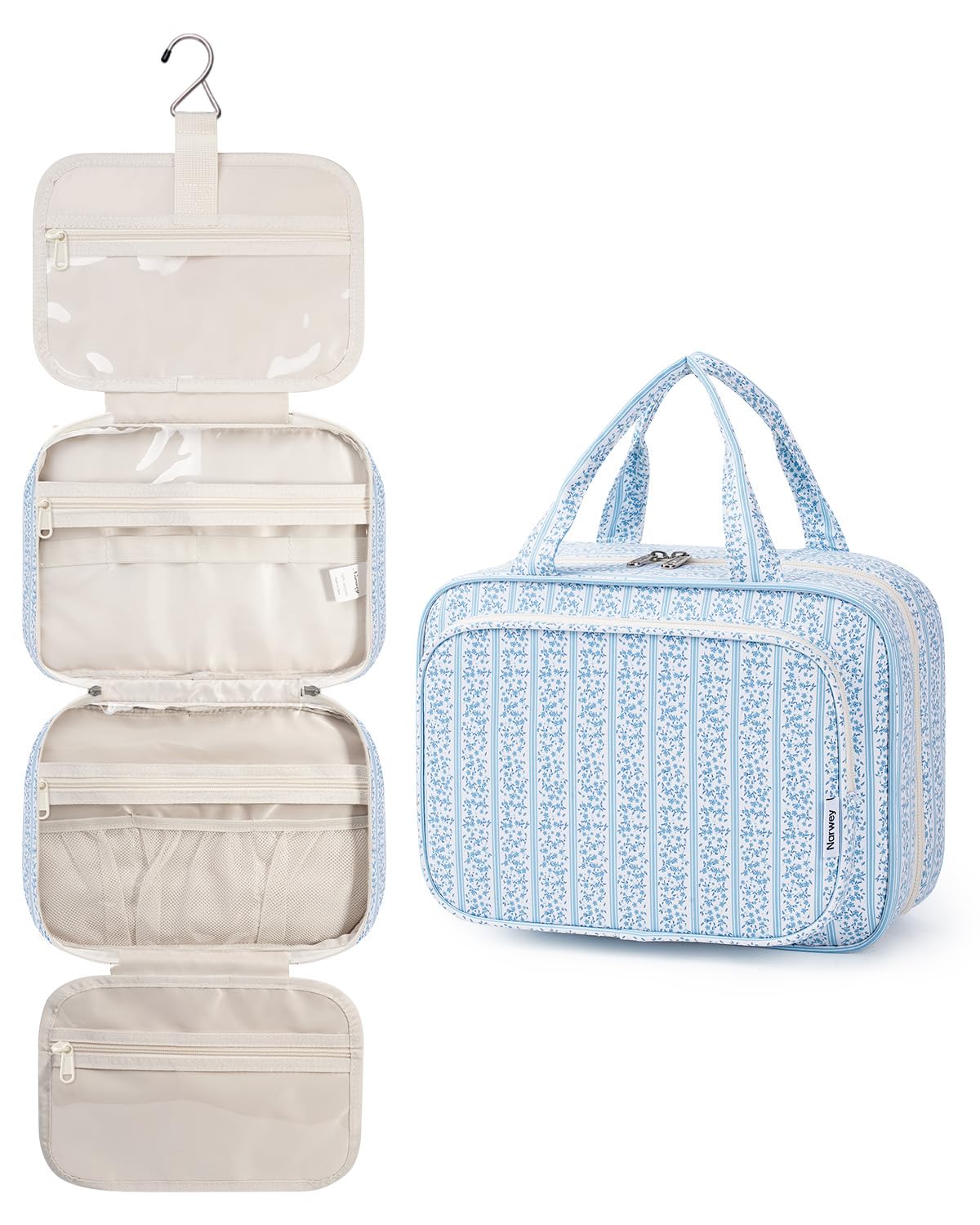Narwey Hanging Toiletry Bag for Women Travel Makeup Bag Organizer Toiletries Bag for Travel Size Essentials Accessories Cosmetics (Blue Flower Buds (Medium))