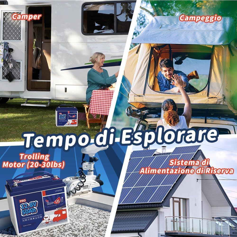 Timeusb Batteria Litio 12V 50Ah LiFePO4,640Wh per Camper e Pannelli Solari | 50A BMS con 15.000 Cicli Profondi,Batteria Ricaricabile Perfetta per RV,Off-Grid,Sistema Solare,Barca,Trolling Motor