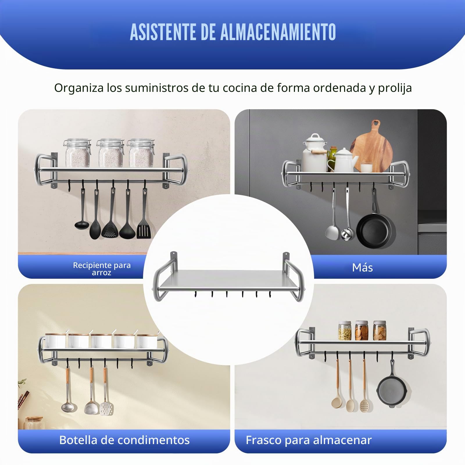 Soporte para microondas de acero inoxidable, soporte de pared para microondas de hasta 30 kg, soporte de pared con 6 ganchos para cocina, salón, balcón, baño