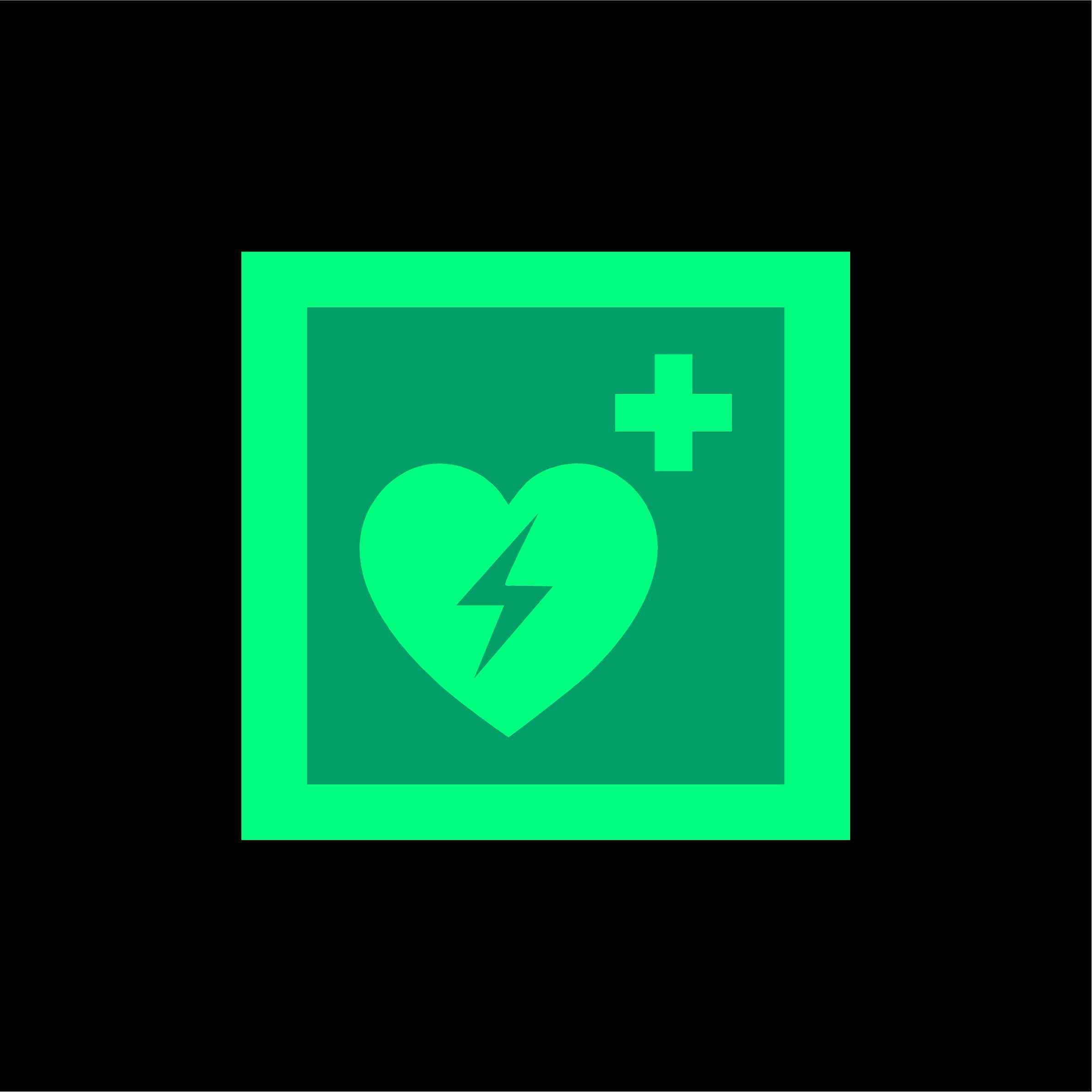 AED automated external defibrillator safety sign symbol - 200mm x 200mm 1.2mm Photoluminescent glow in the dark rigid plastic with self adhesive backing