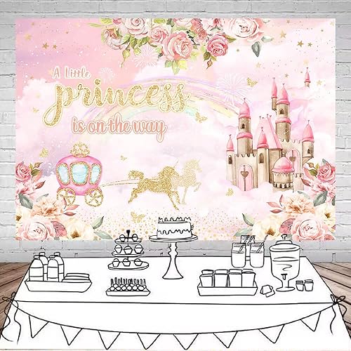 Miniatura 2 de Mocsicka Telón de fondo de princesa para baby shower, castillo floral para niña, decoración de fiesta de carruaje, fondo rosa, decoración de mesa de