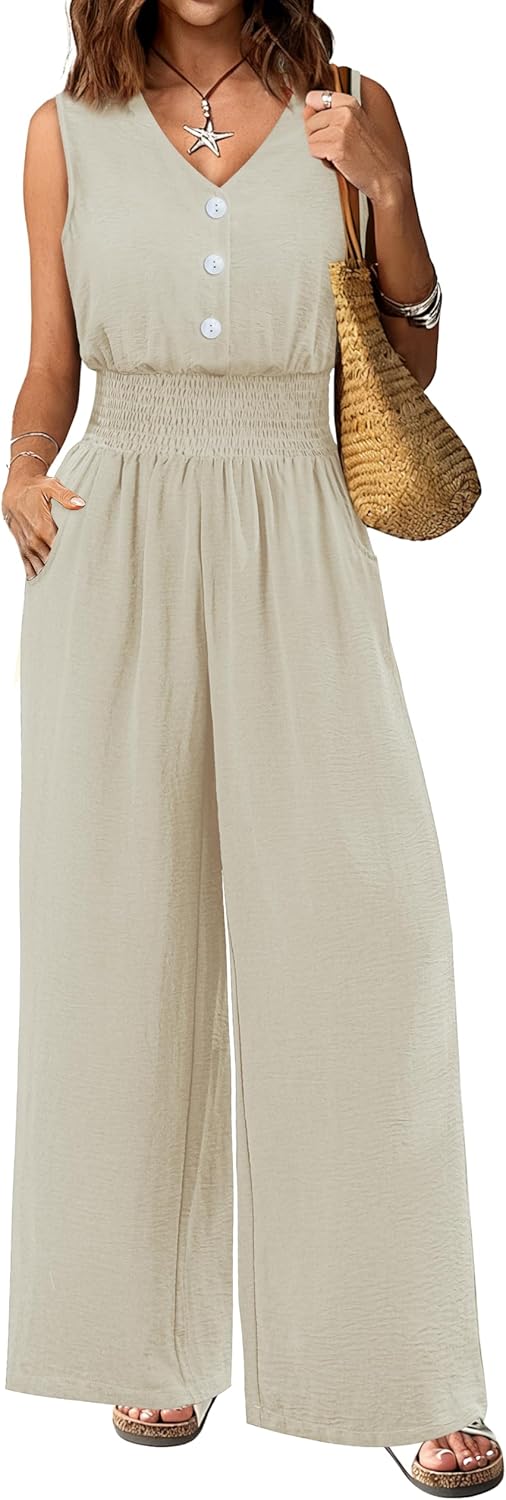 Women Jumpsuit Dressy Summer Rompers Casual Wide Leg Pants Sleeveless V Neck 2026 Elegant One Piece Outfit