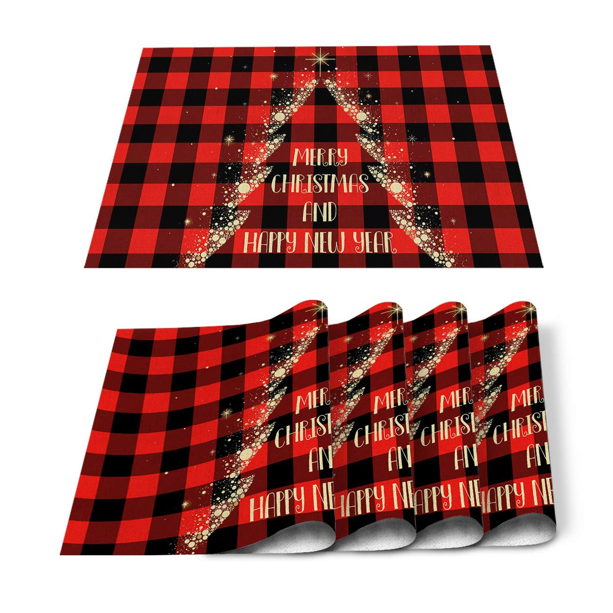 Placemats for Dining Table-Merry PartyHappy New Year Classic Buffalo Red Black Plaid,Heat Insulation Stain Resistant Placemats Set of 4,Washable Table Mats for Home Kitchen Party Wedding Decor