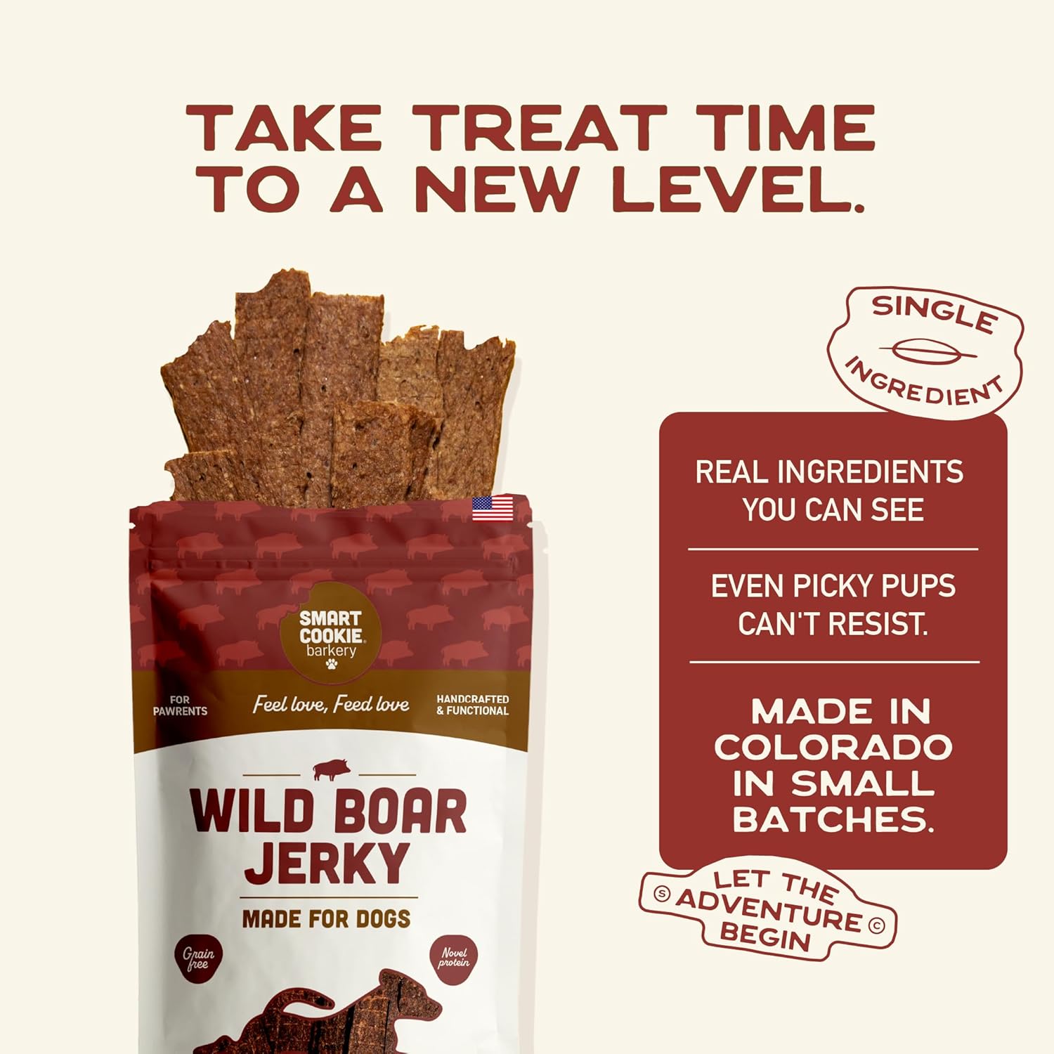 Smart Cookie 100% Wild Boar Jerky Dog Treats - Single Ingredient Hypoallergenic Training Treats for Dogs and Puppies with Sensitive Stomachs - 100% Boar Meat, Grain Free, Made in USA - 3oz (3 Pack)