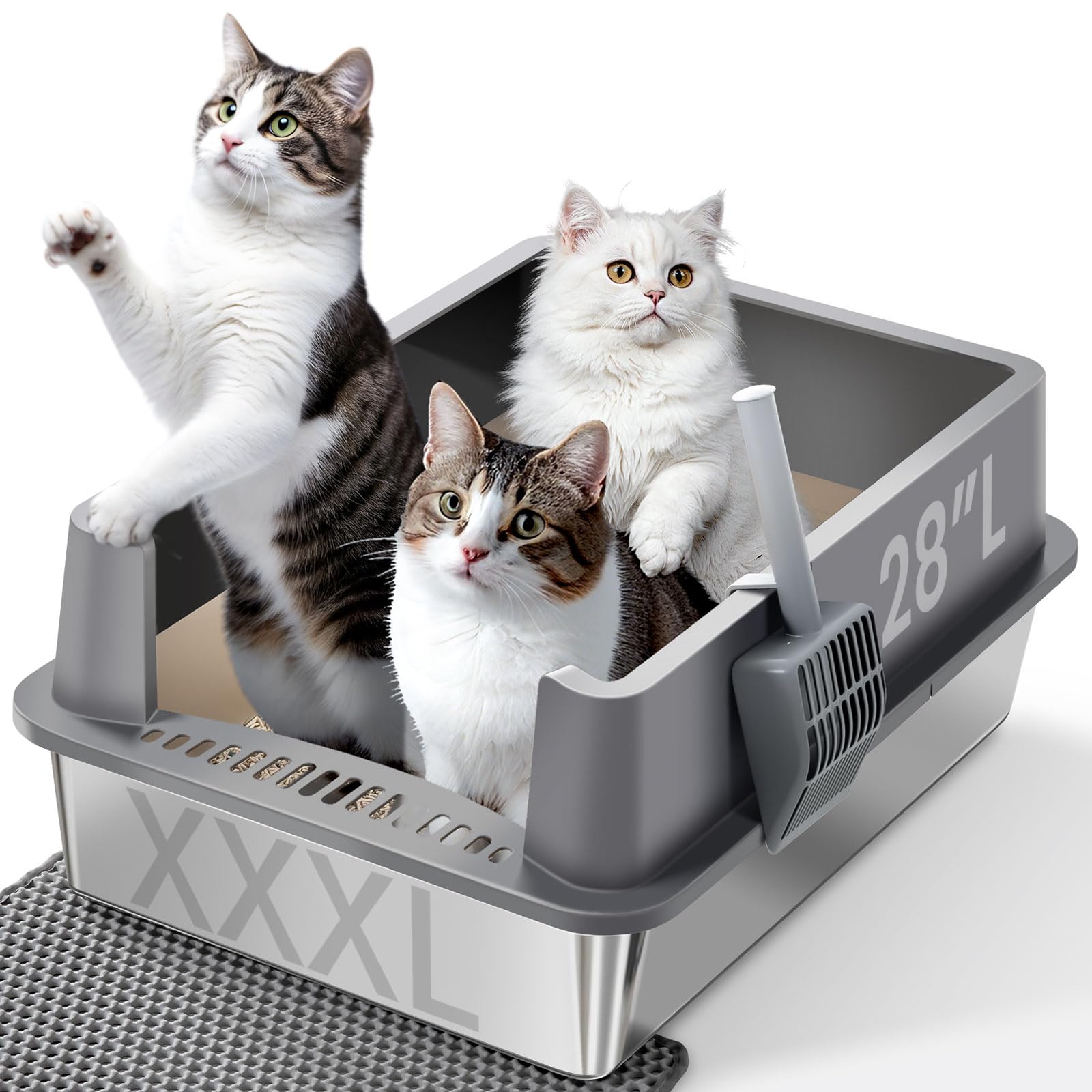 XXXL Stainless Steel Cat Litter Box with Lid, 28"x20"x12", Extra Large High Sided Metal Litter Box, with Scoop, Litter Mat, Non-Sticky, Anti-Urine Leakage, Easy to Clean for Big Cats and Multiple Cats