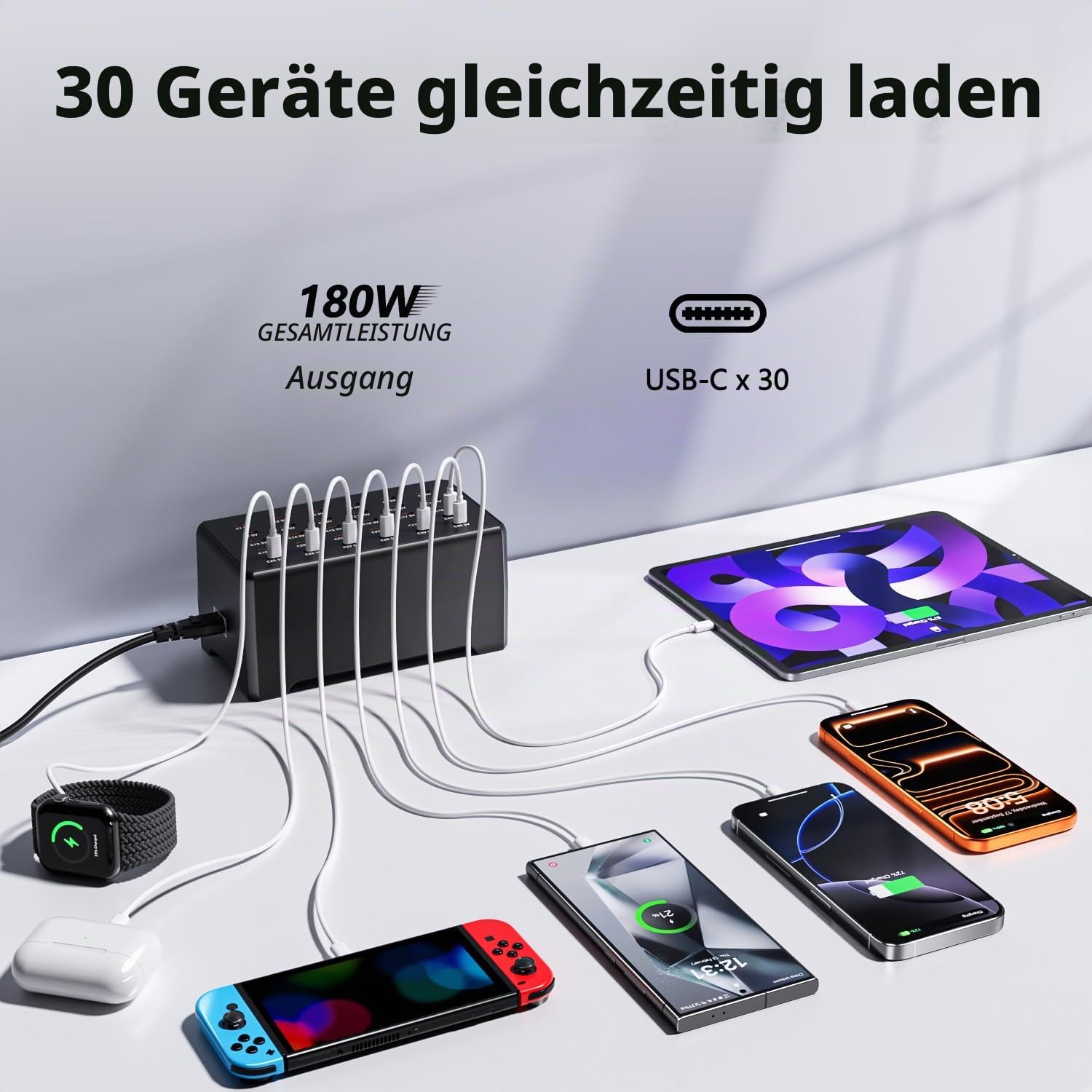 USB C Ladestation 30 Ports, 180W/30C Mehrfach-USB-Ladestation
