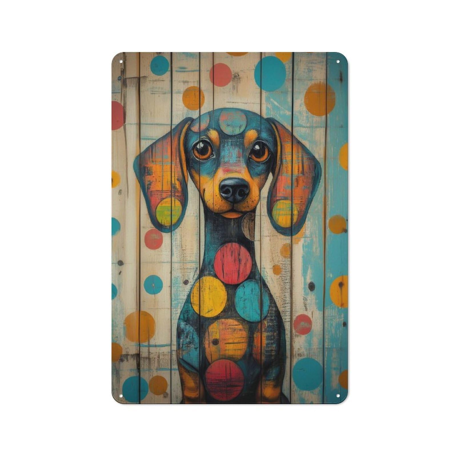 Metal Wall Sign with Colorful Dachshund Portrait on Wood Sausage Dog Wall Art Design 30x20cm, Garage Style Industrial Wall Art for Garage, Hobby Room, Office Or Man Cave