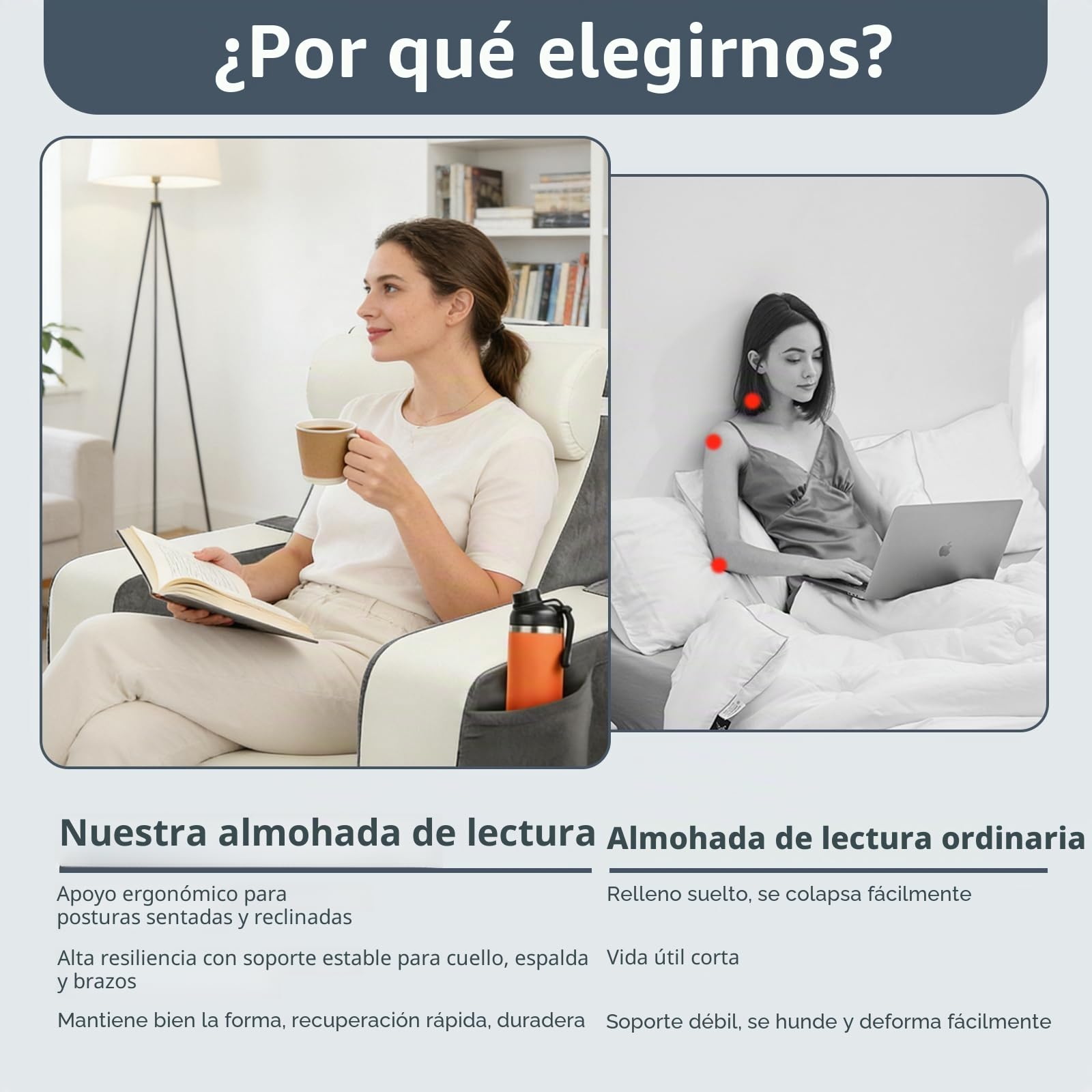 Cojin Lectura Cama,Cojín con Respaldo Apoyo Lumbar, con Soporte para Brazos y Bolsillos, Cojín Lumbar Sofá para la Espalda, Cojin Respaldo Cama para Trabajar, Leer o Jugar en la Cama Sofá Suelo