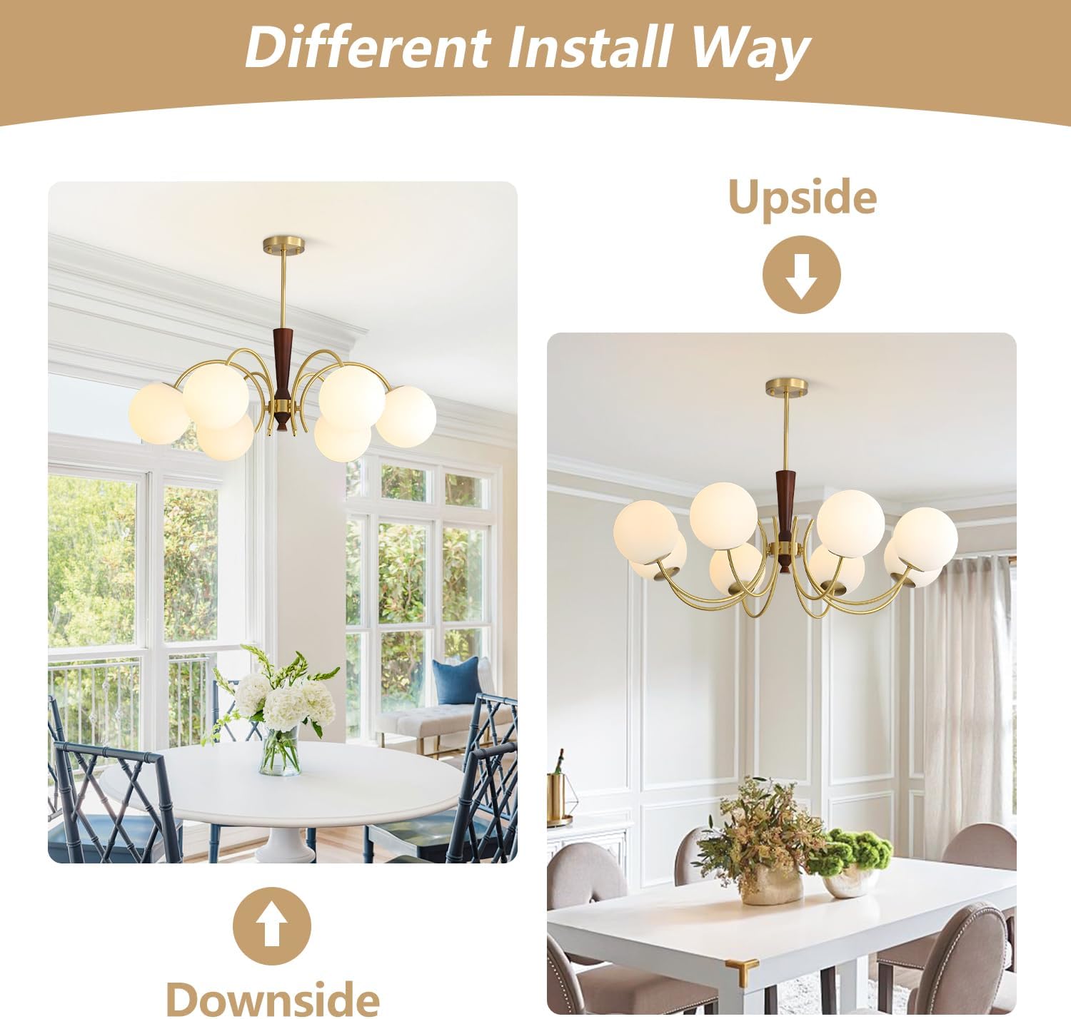 KCO Lighting 8 Light Brass Gold Chandelier White Milk Glass Pendant Light Mid Century Modern Dining Room Chandelier Vintage Chandeliers for Bedroom