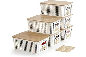Small Plastic Storage Bins with Bamboo Lids - Perfect Decorative Boxes for Shelves